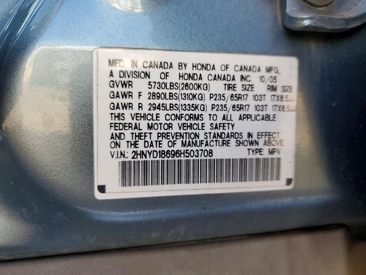2006 Acura Mdx Touring Teal vin: 2HNYD18696H503708
