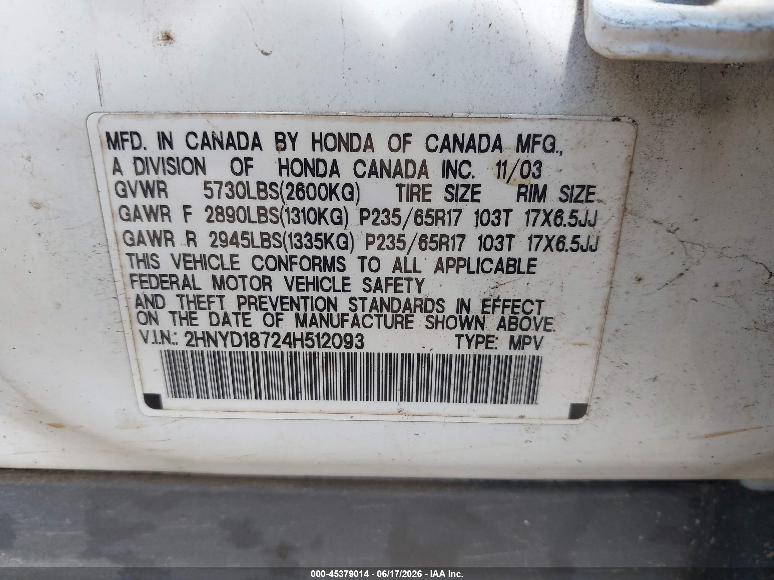 2004 Acura Mdx   White vin: 2HNYD18724H512093