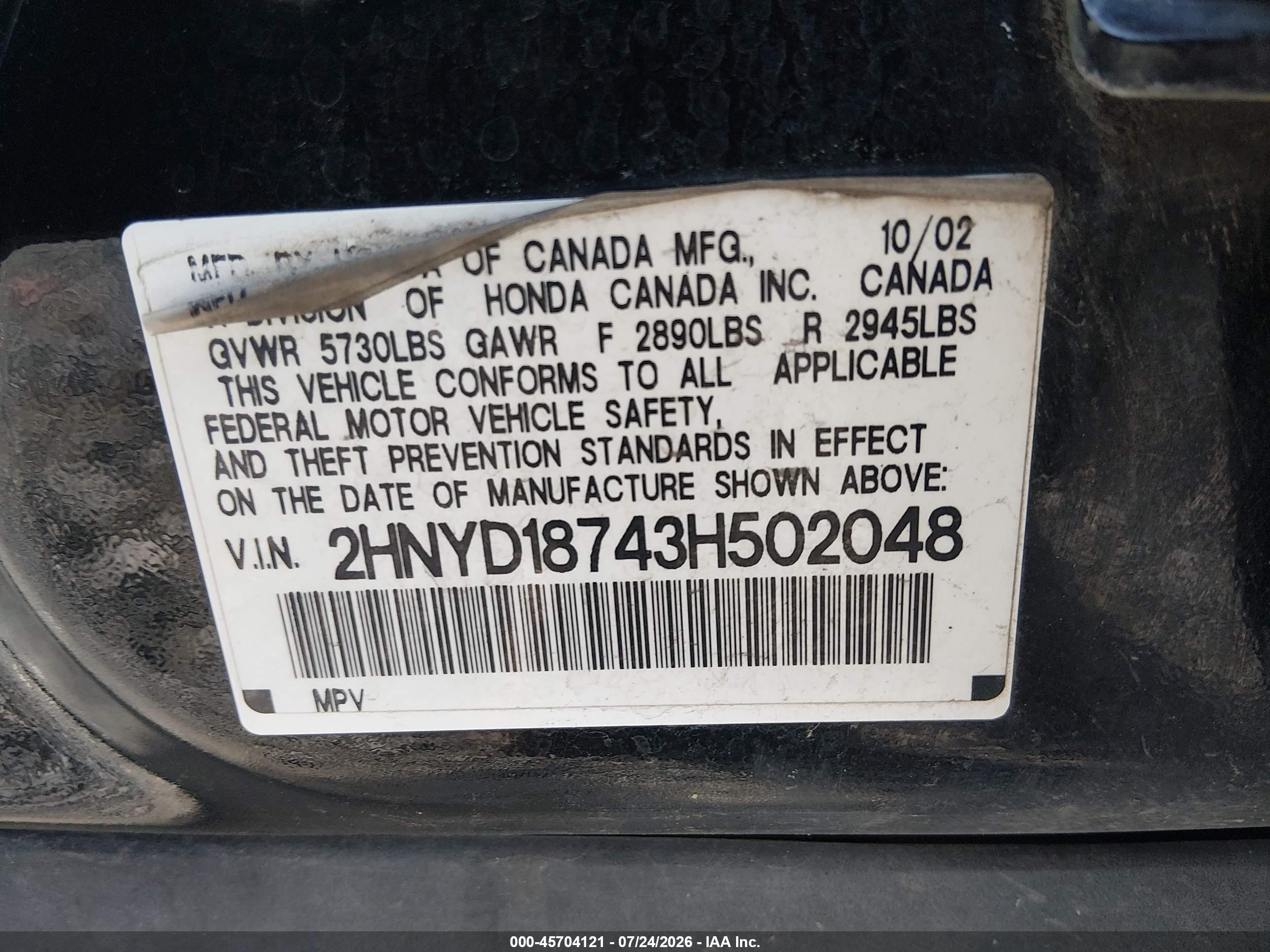 2003 Acura Mdx   Black vin: 2HNYD18743H502048