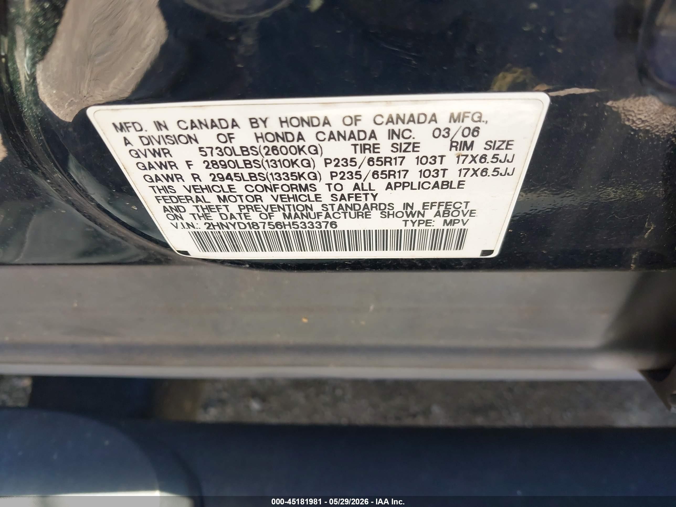 2006 Acura Mdx   Black vin: 2HNYD18756H533376
