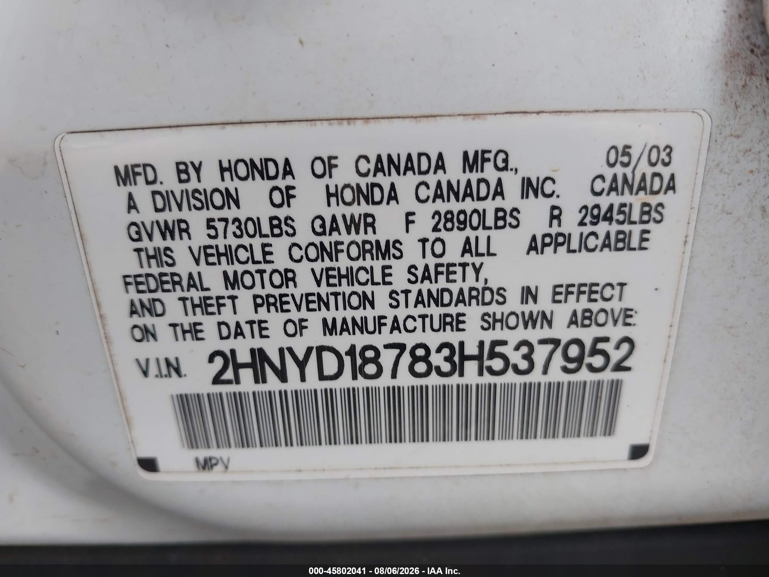 2003 Acura Mdx   White vin: 2HNYD18783H537952