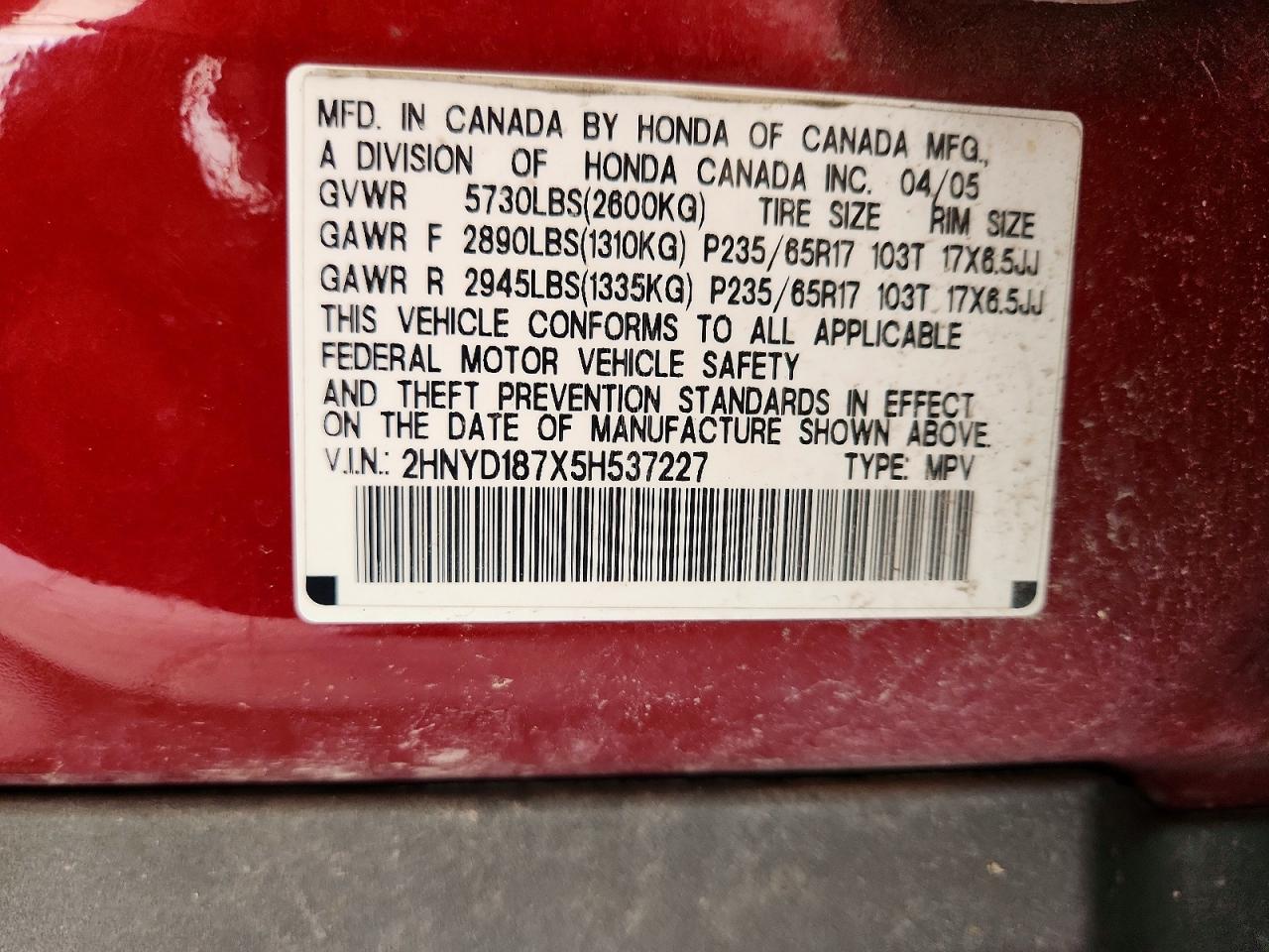2005 Acura Mdx Touring Red vin: 2HNYD187X5H537227