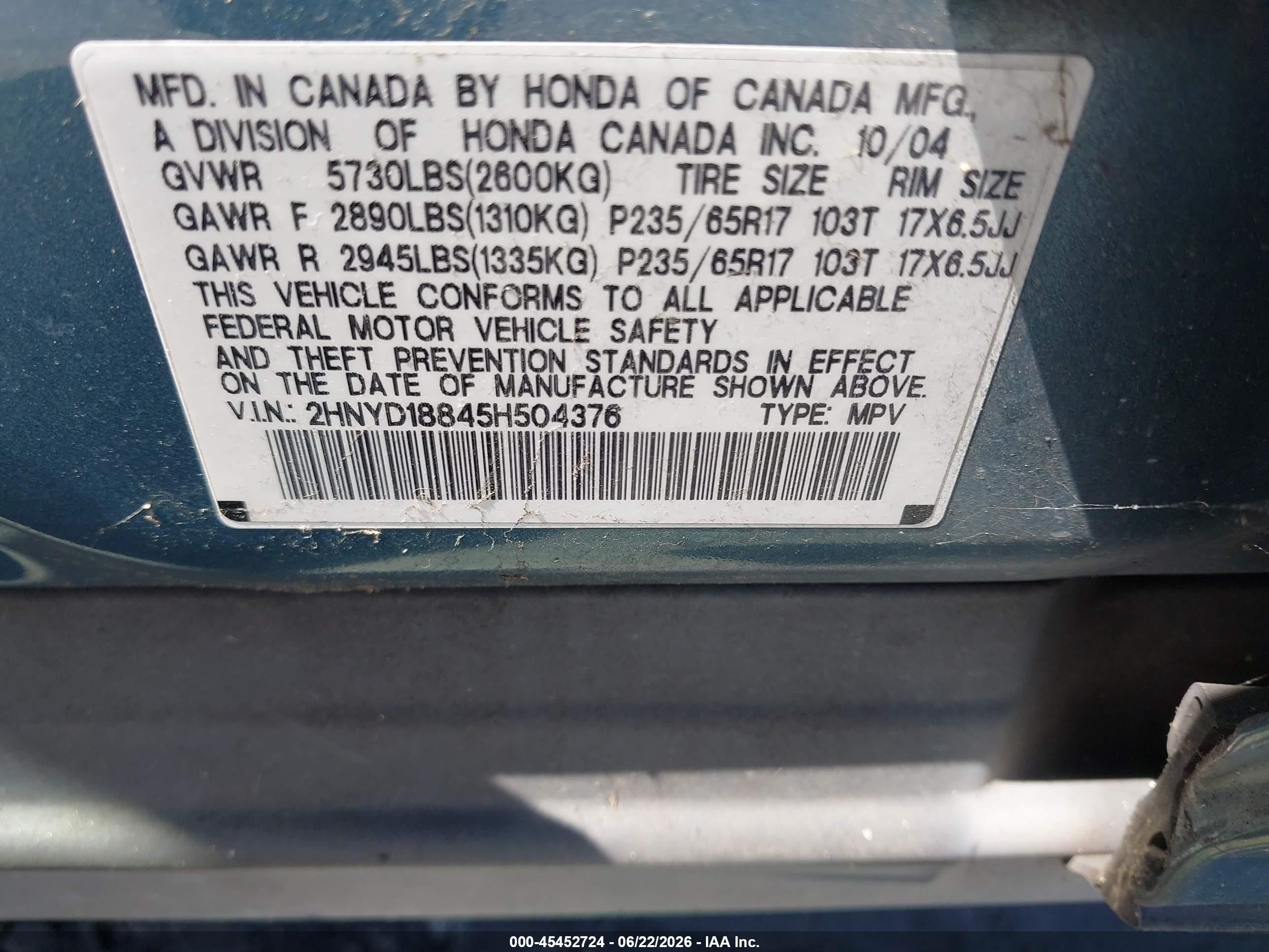 2005 Acura Mdx   Light Blue vin: 2HNYD18845H504376