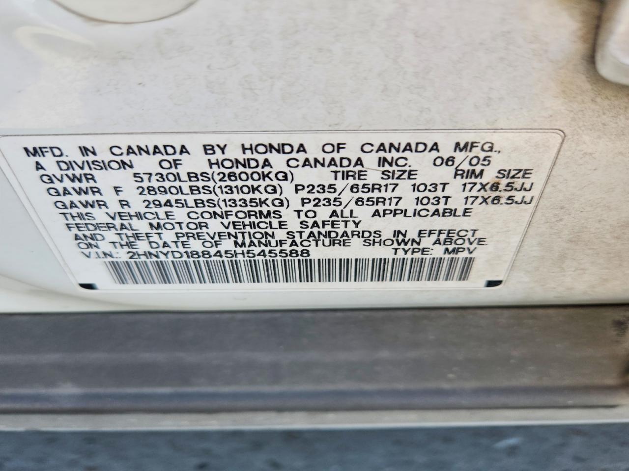 2005 Acura Mdx Touring White vin: 2HNYD18845H545588