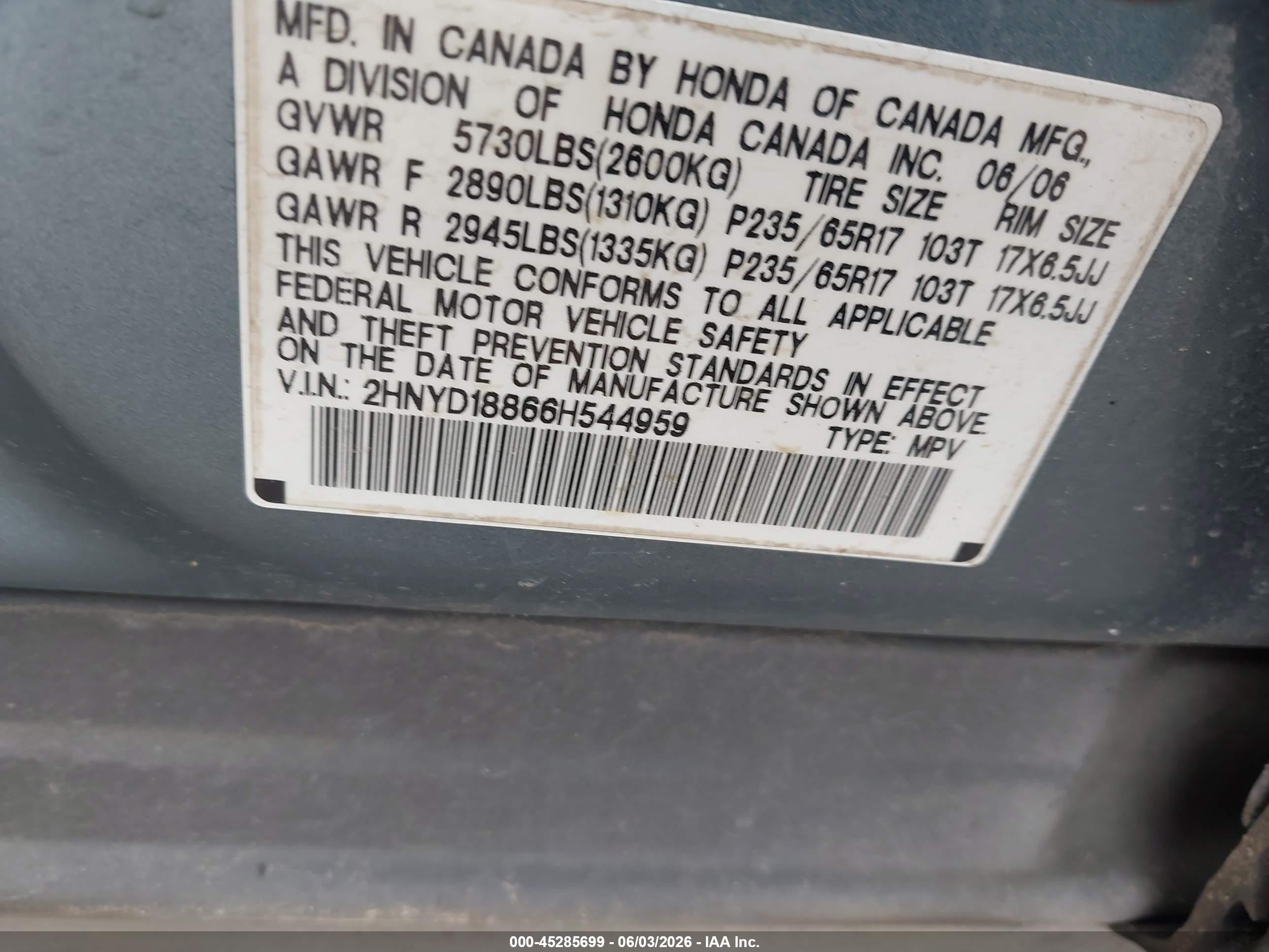 2006 Acura Mdx   Blue vin: 2HNYD18866H544959
