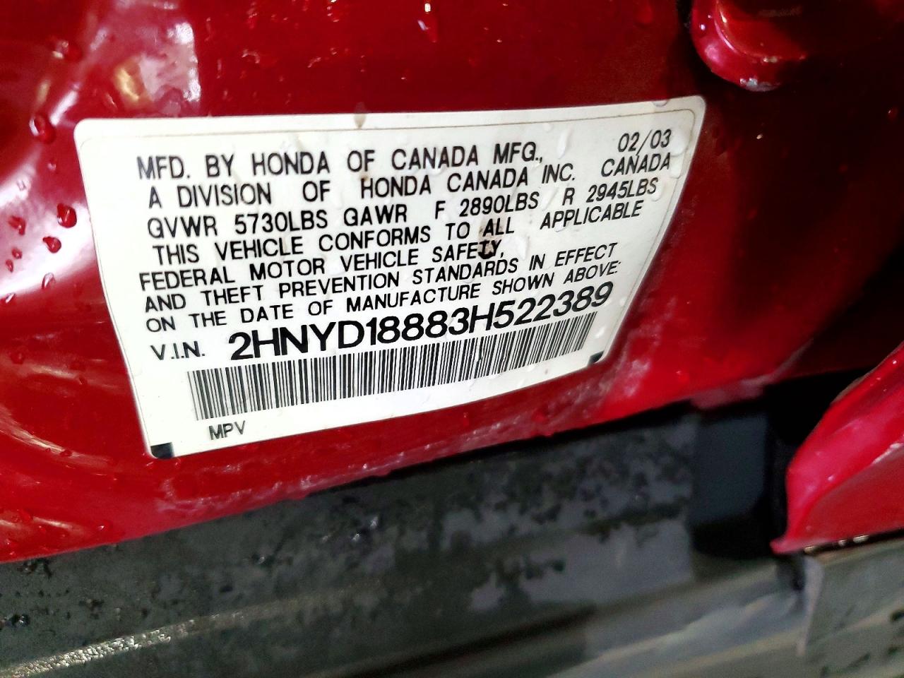 2003 Acura Mdx Touring Red vin: 2HNYD18883H522389
