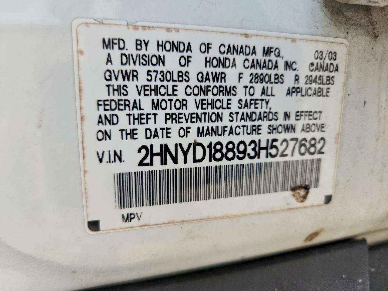 2003 Acura Mdx Touring White vin: 2HNYD18893H527682