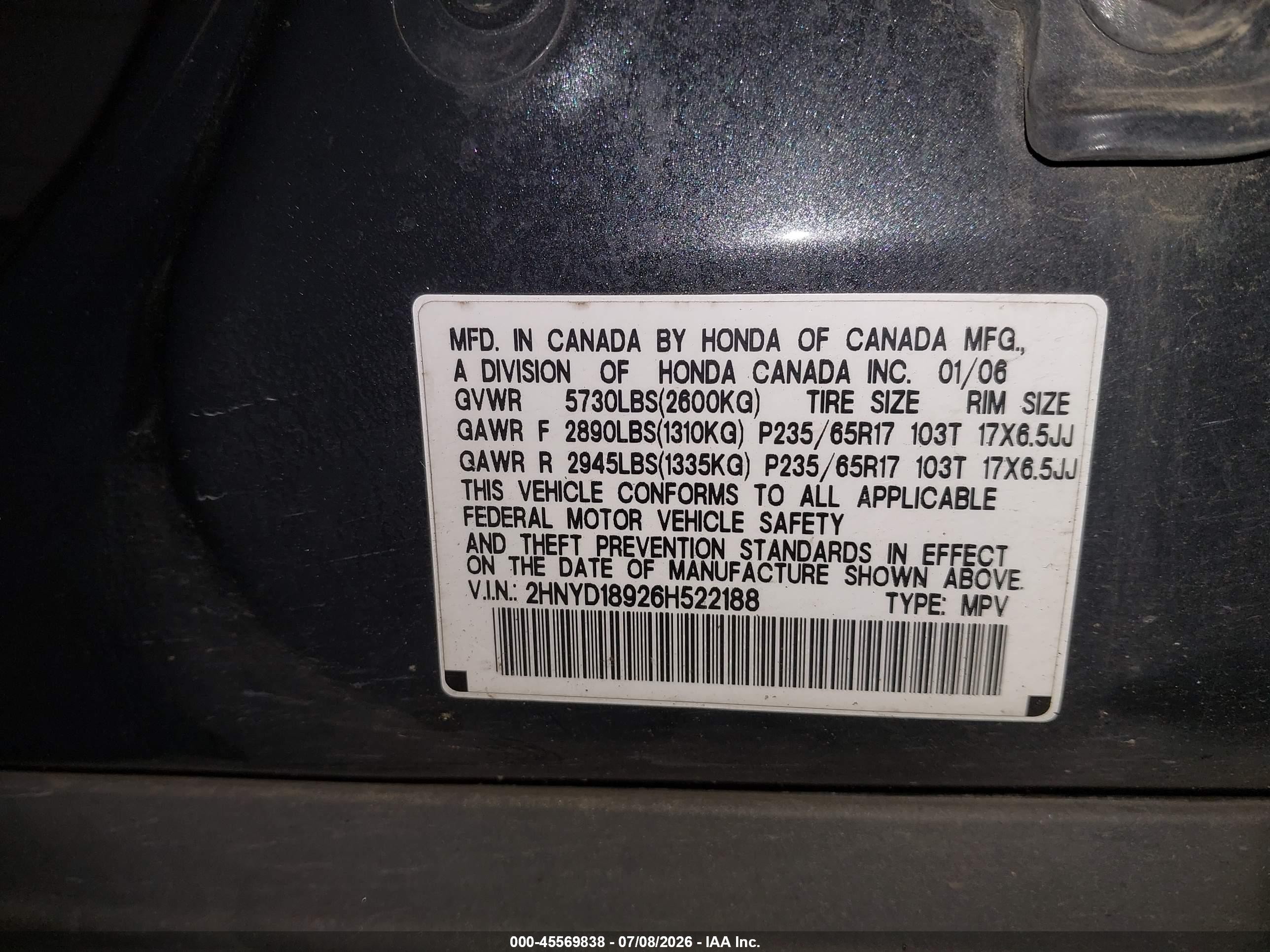 2006 Acura Mdx   Gray vin: 2HNYD18926H522188