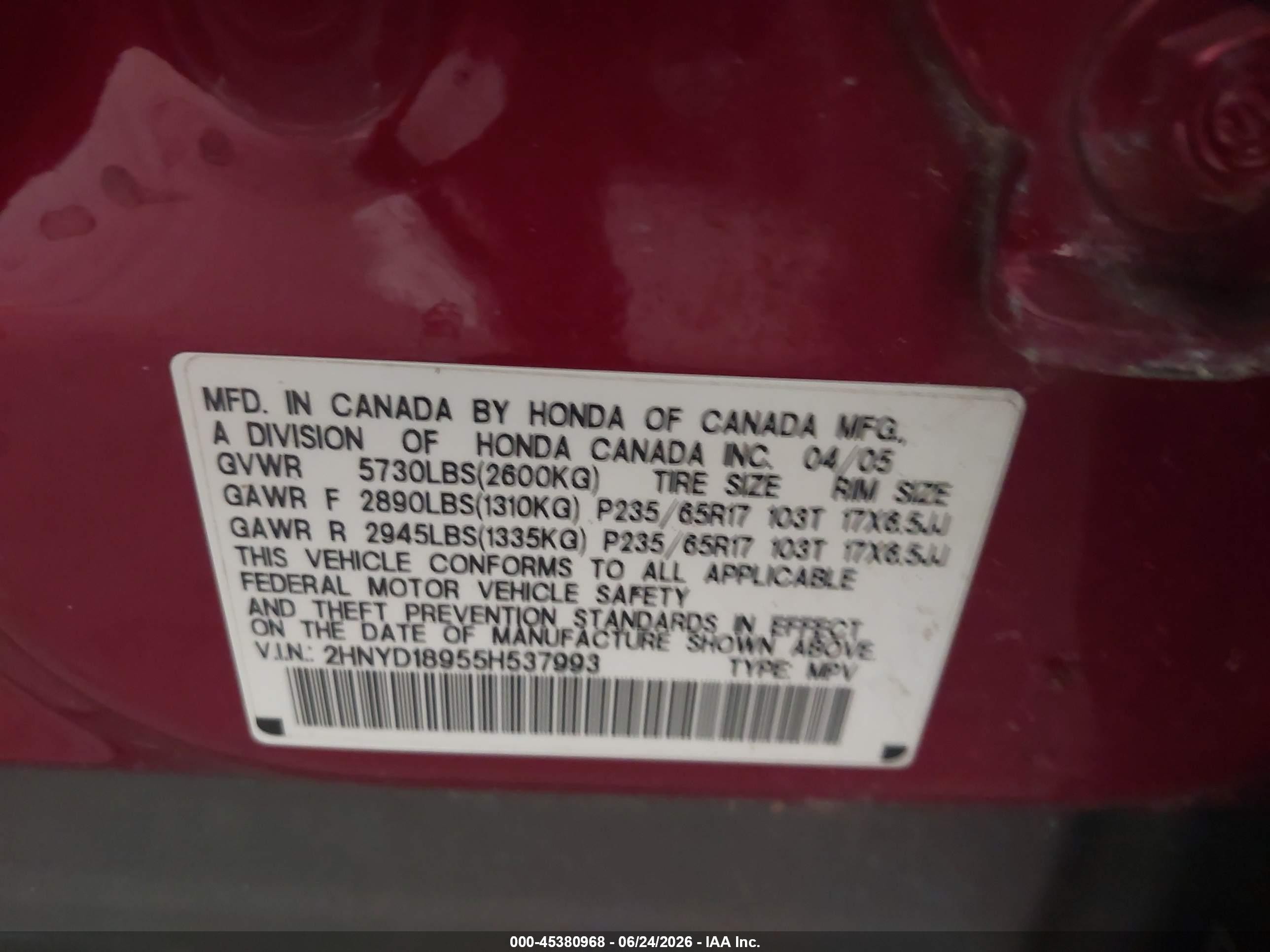 2005 Acura Mdx   Maroon vin: 2HNYD18955H537993