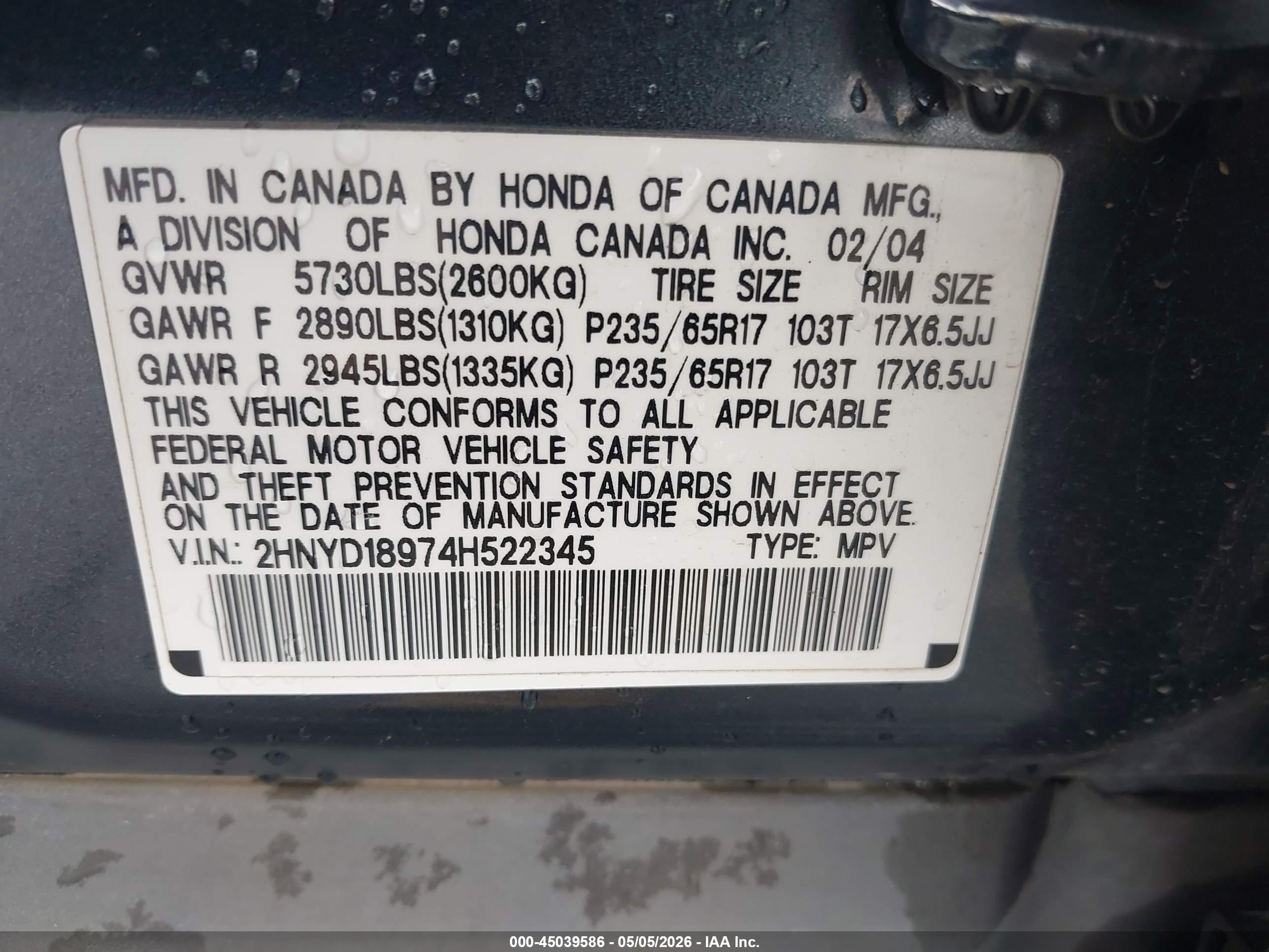 2004 Acura Mdx   Gray vin: 2HNYD18974H522345