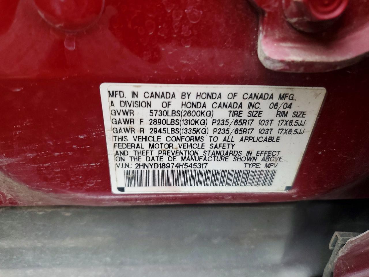 2004 Acura Mdx Touring Red vin: 2HNYD18974H545317
