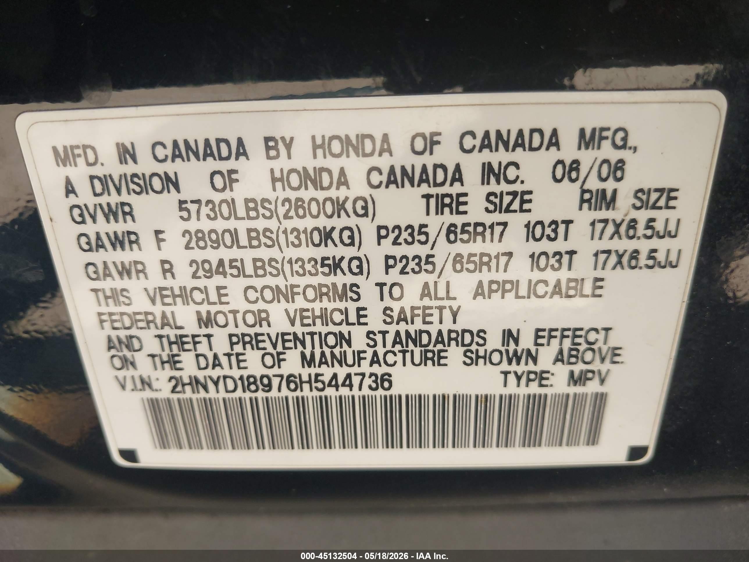 2006 Acura Mdx   Black vin: 2HNYD18976H544736