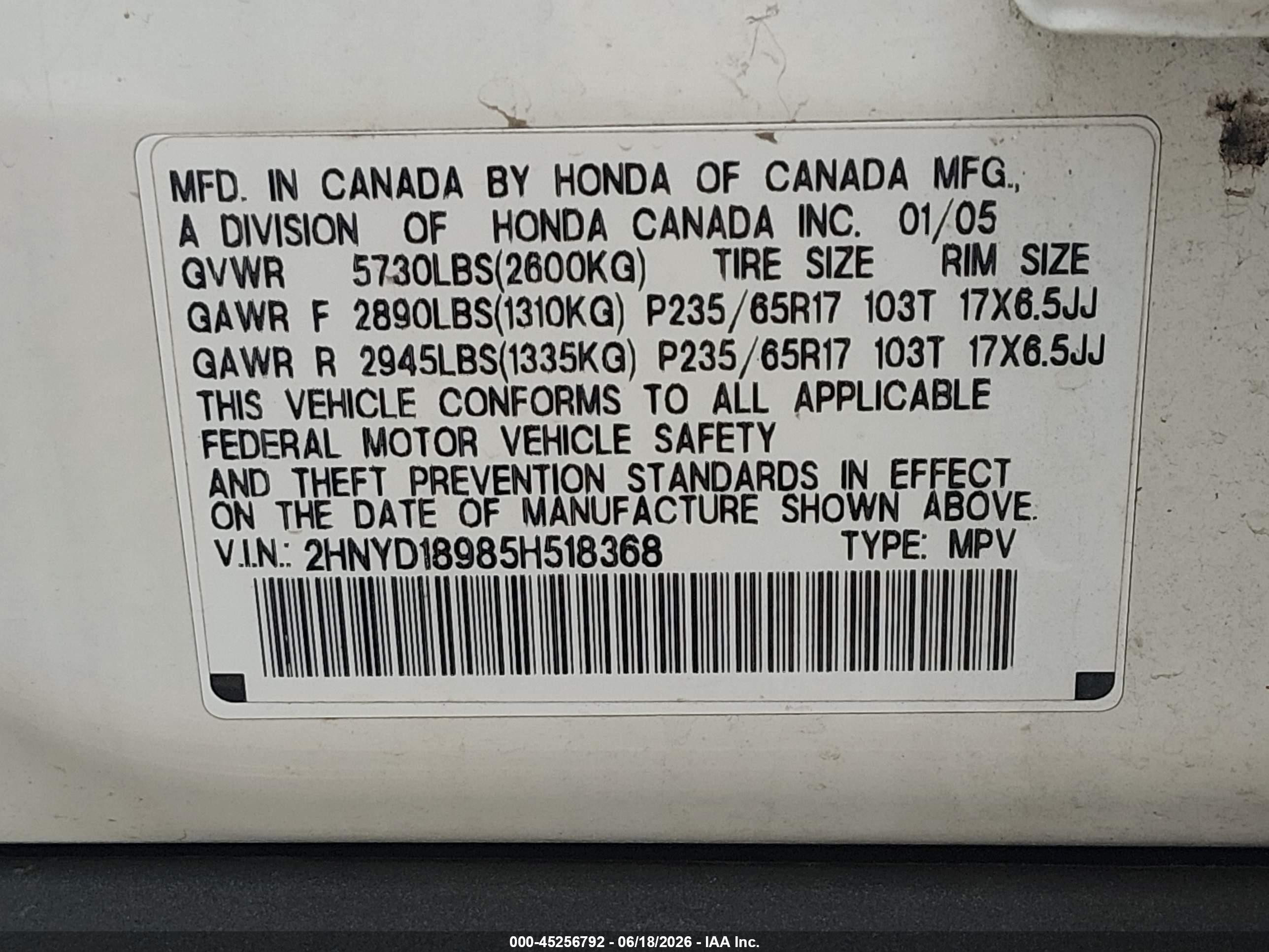 2005 Acura Mdx   White vin: 2HNYD18985H518368