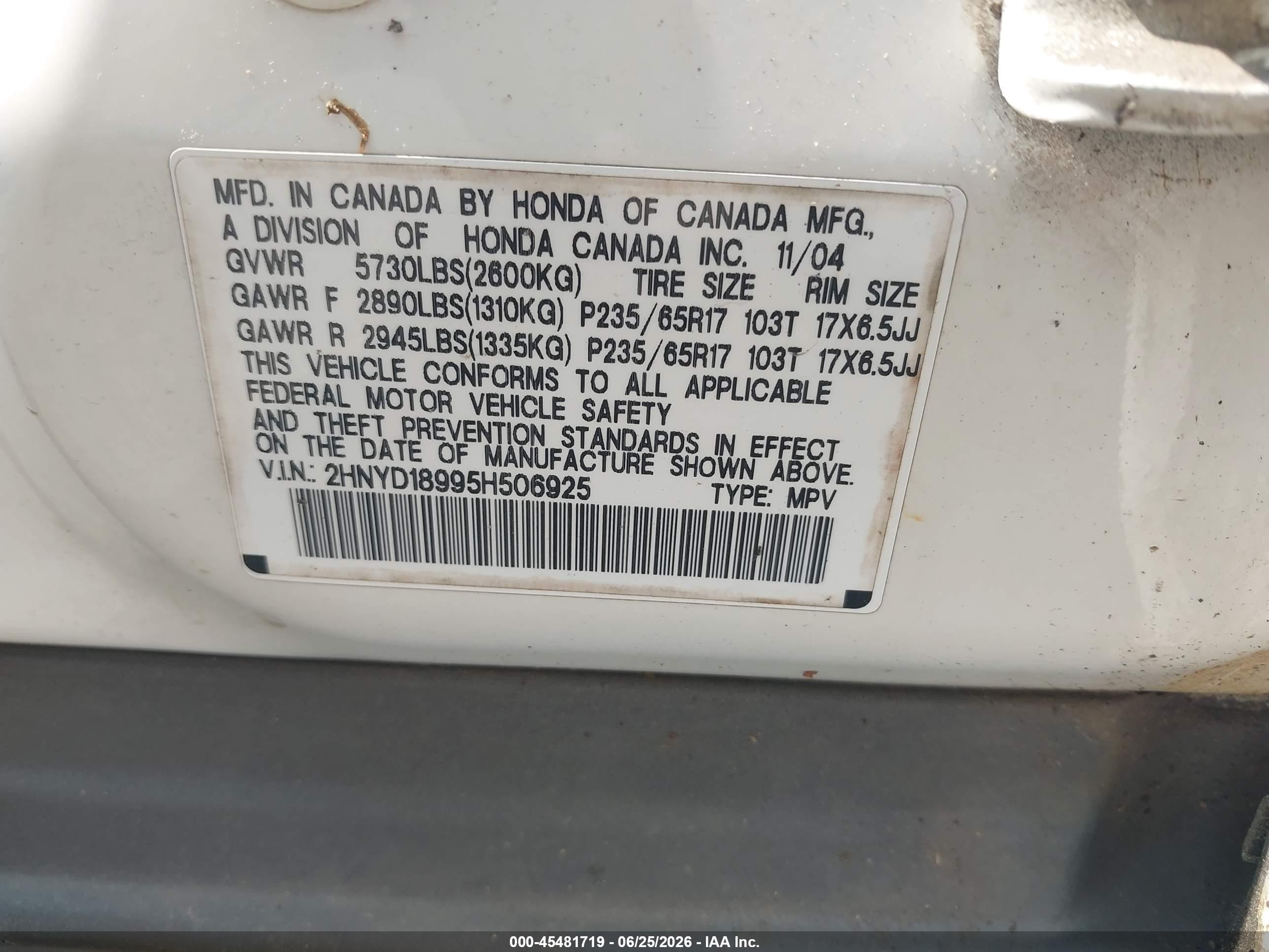 2005 Acura Mdx   White vin: 2HNYD18995H506925