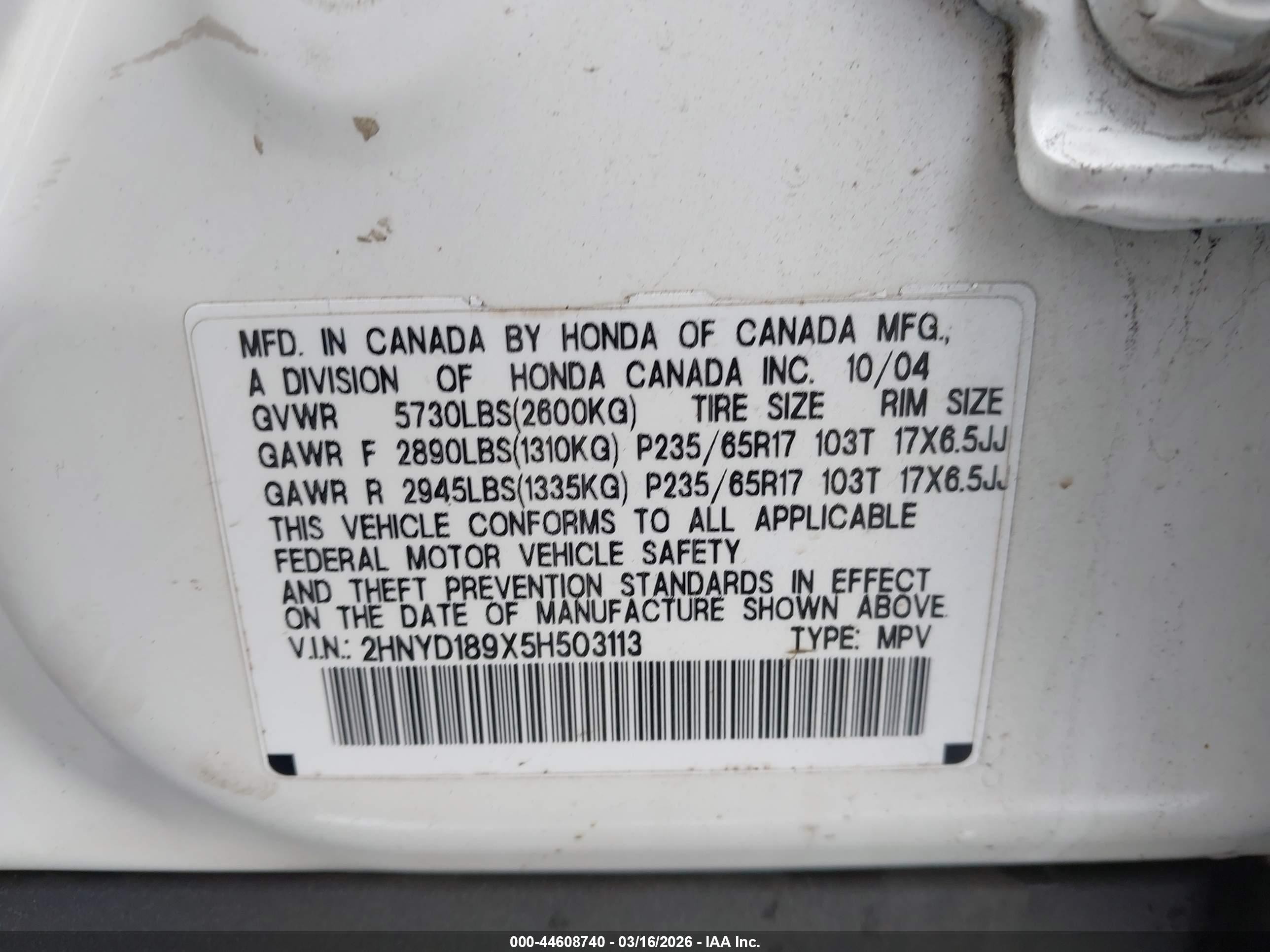 2005 Acura Mdx   White vin: 2HNYD189X5H503113
