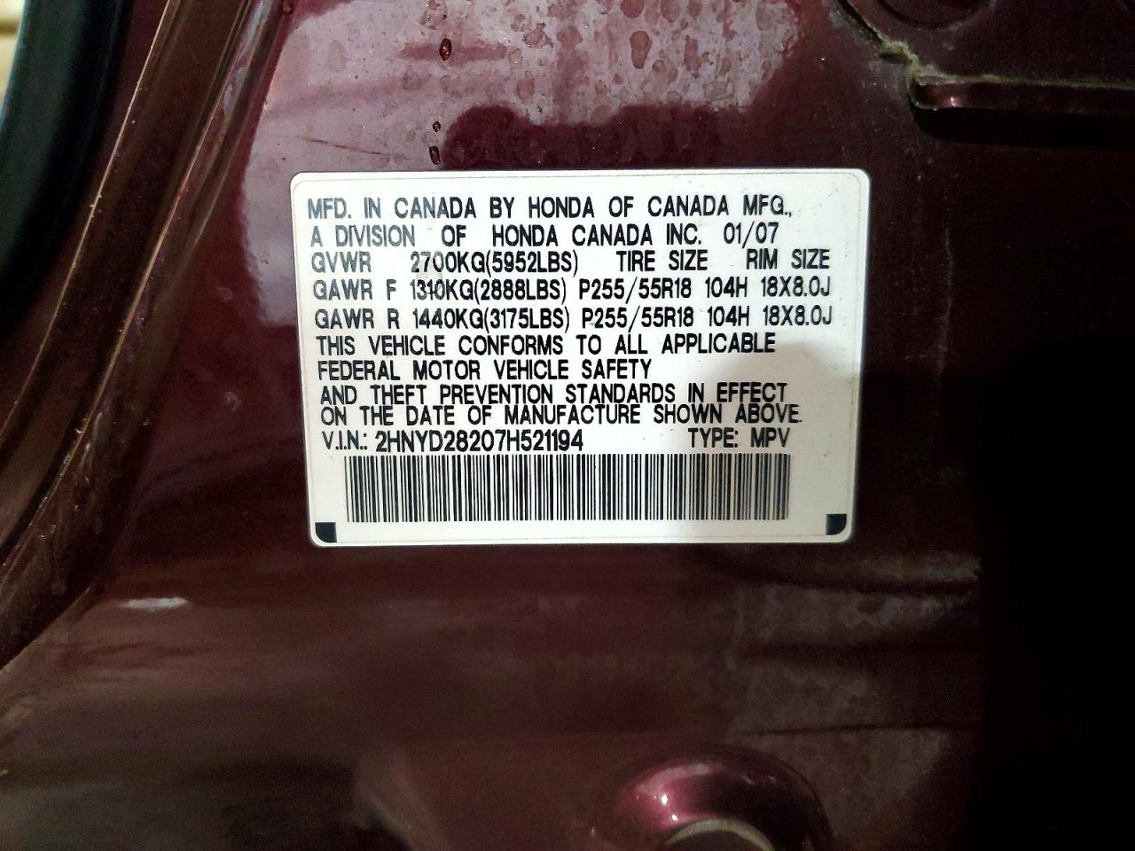 2007 Acura Mdx Burgundy vin: 2HNYD28207H521194