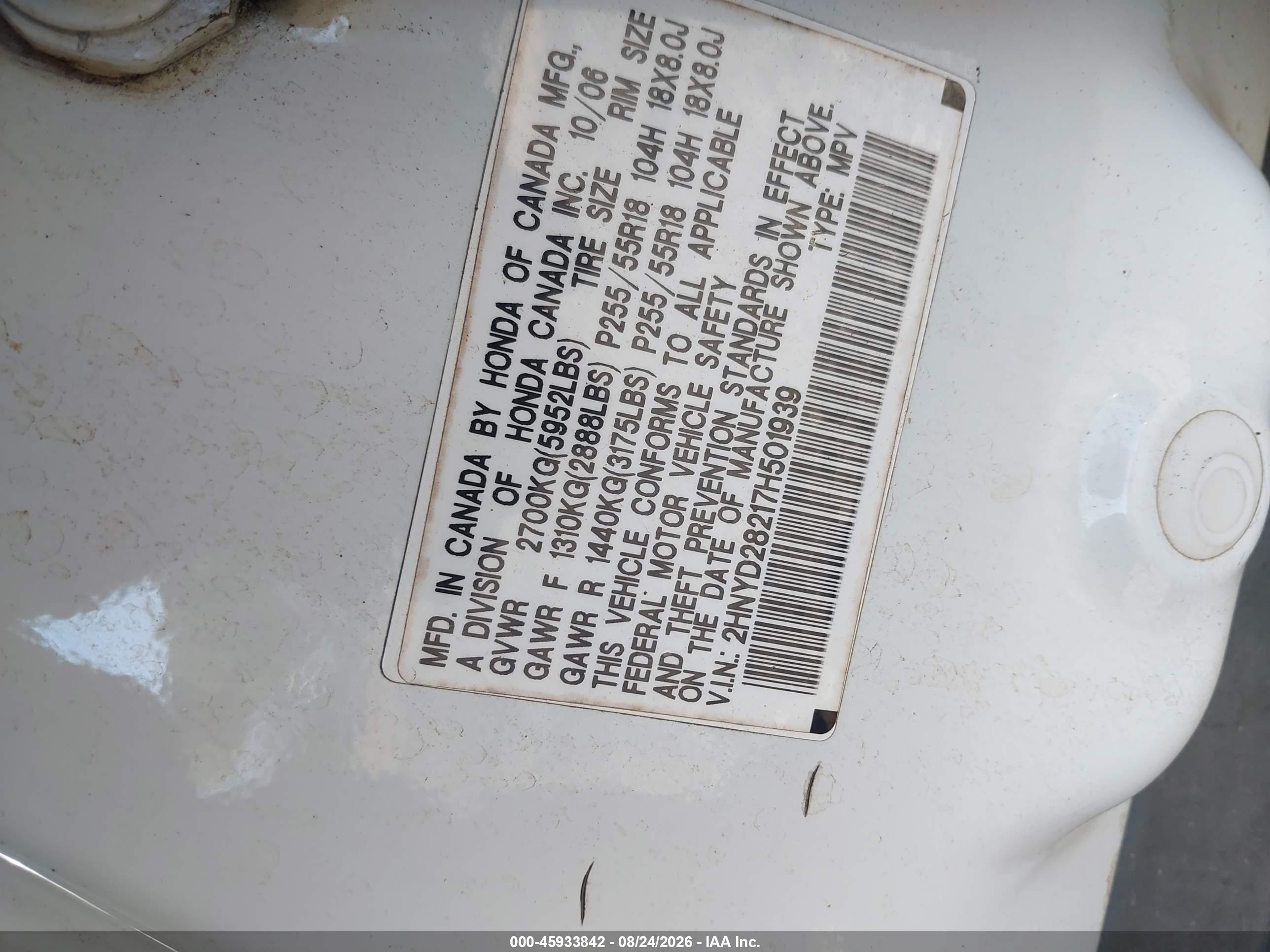 2007 Acura Mdx   White vin: 2HNYD28217H501939
