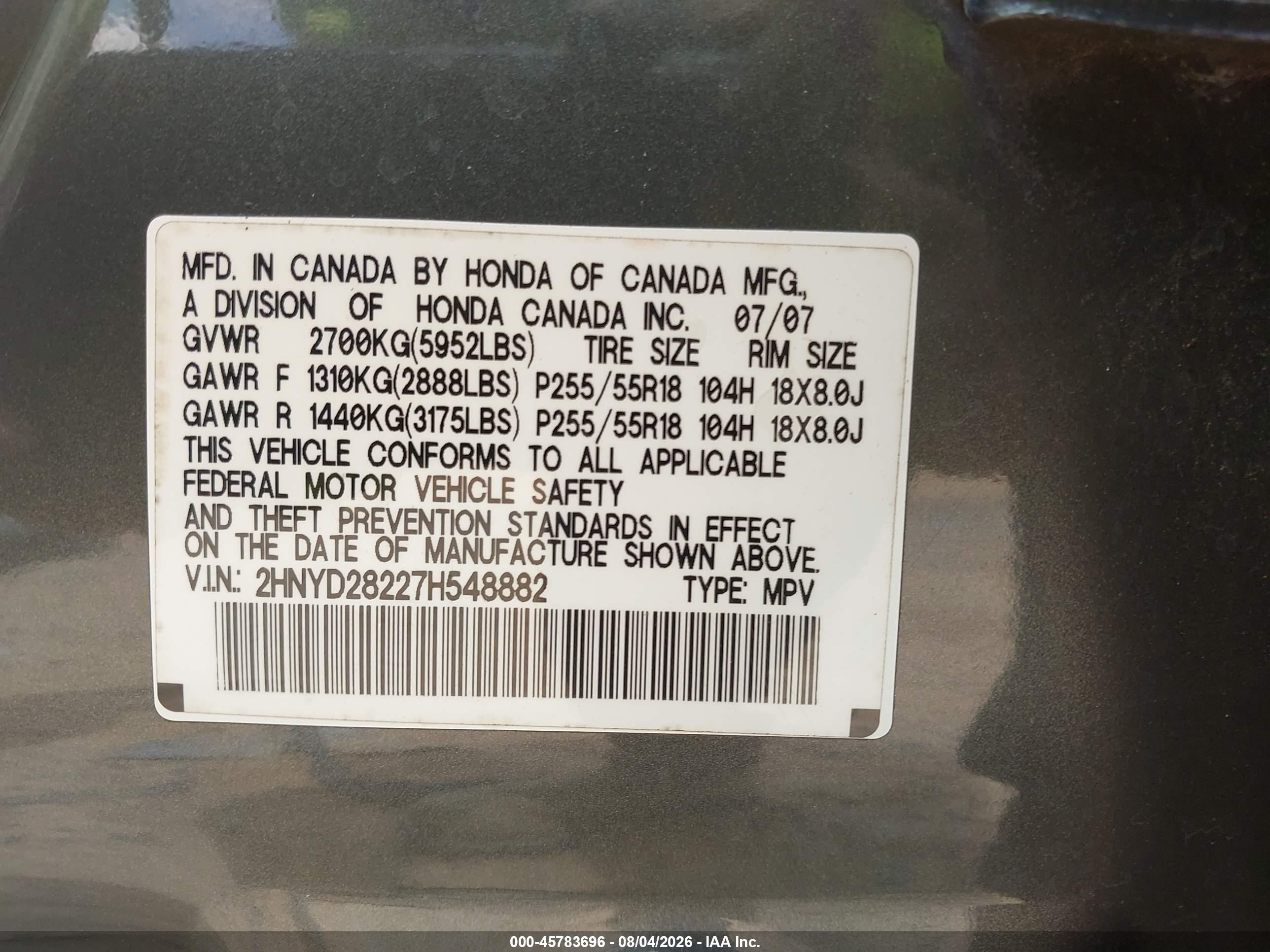 2007 Acura Mdx   Gray vin: 2HNYD28227H548882