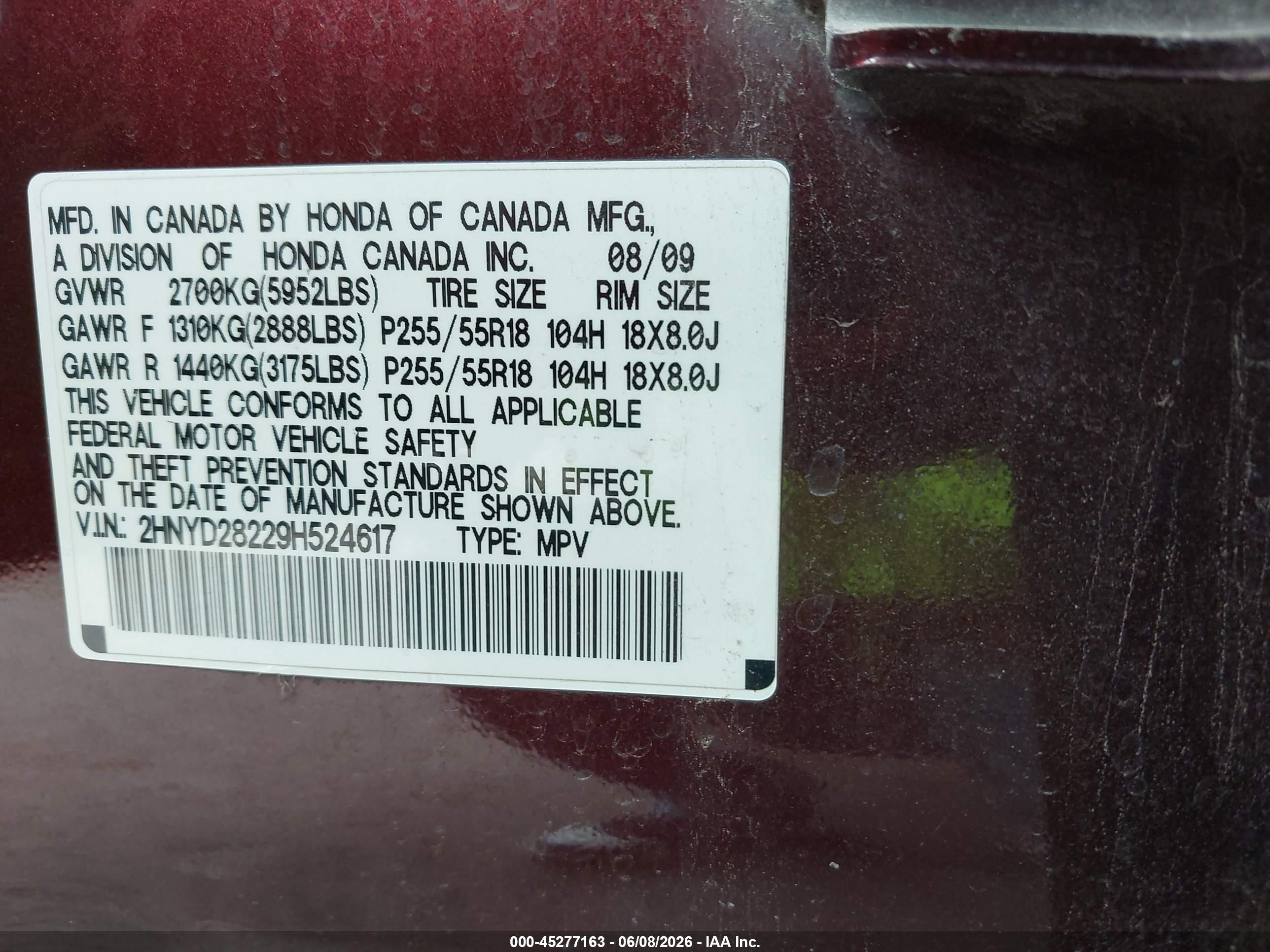 2009 Acura Mdx Burgundy vin: 2HNYD28229H524617
