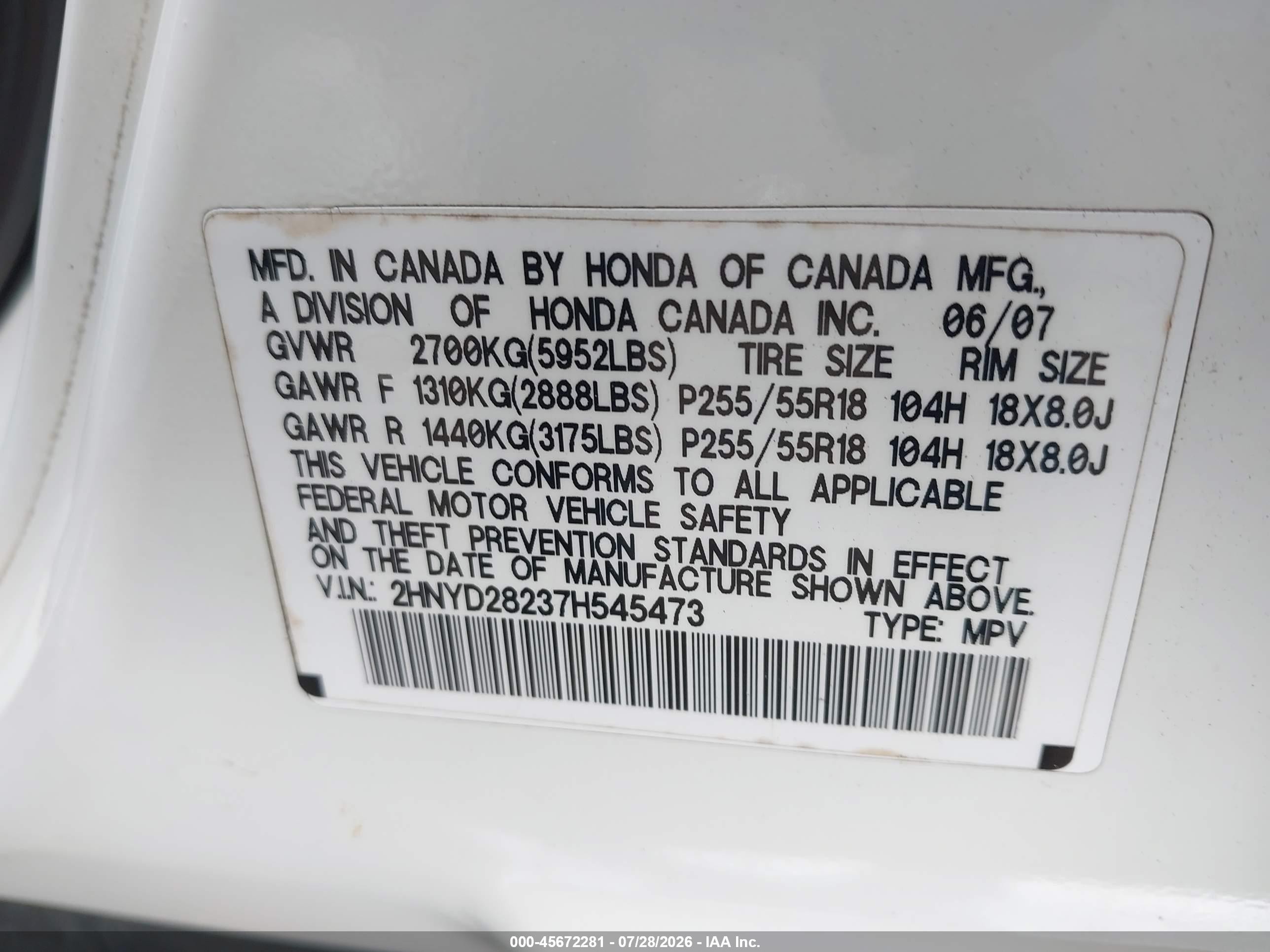 2007 Acura Mdx   White vin: 2HNYD28237H545473