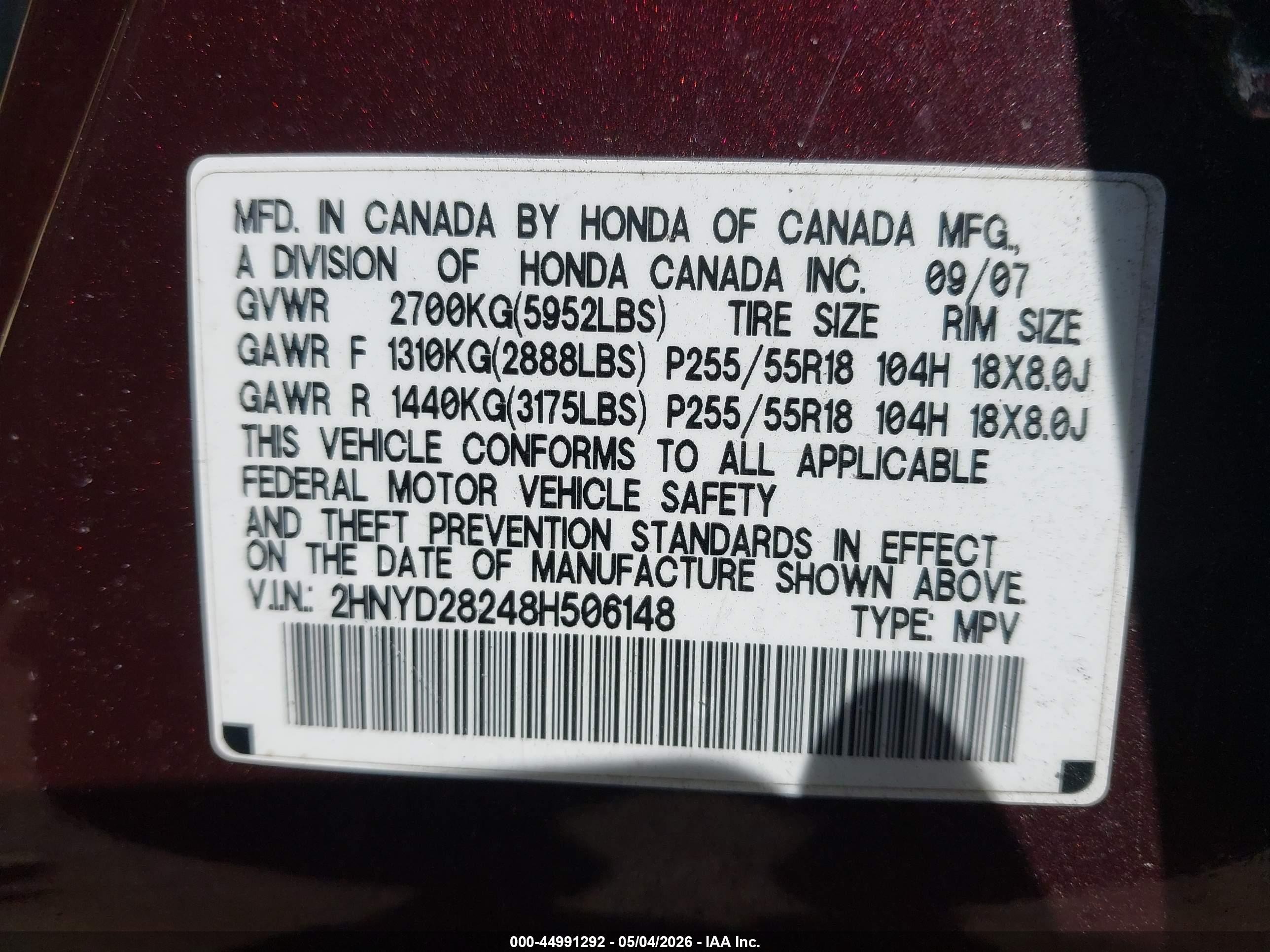 2008 Acura Mdx   Purple vin: 2HNYD28248H506148