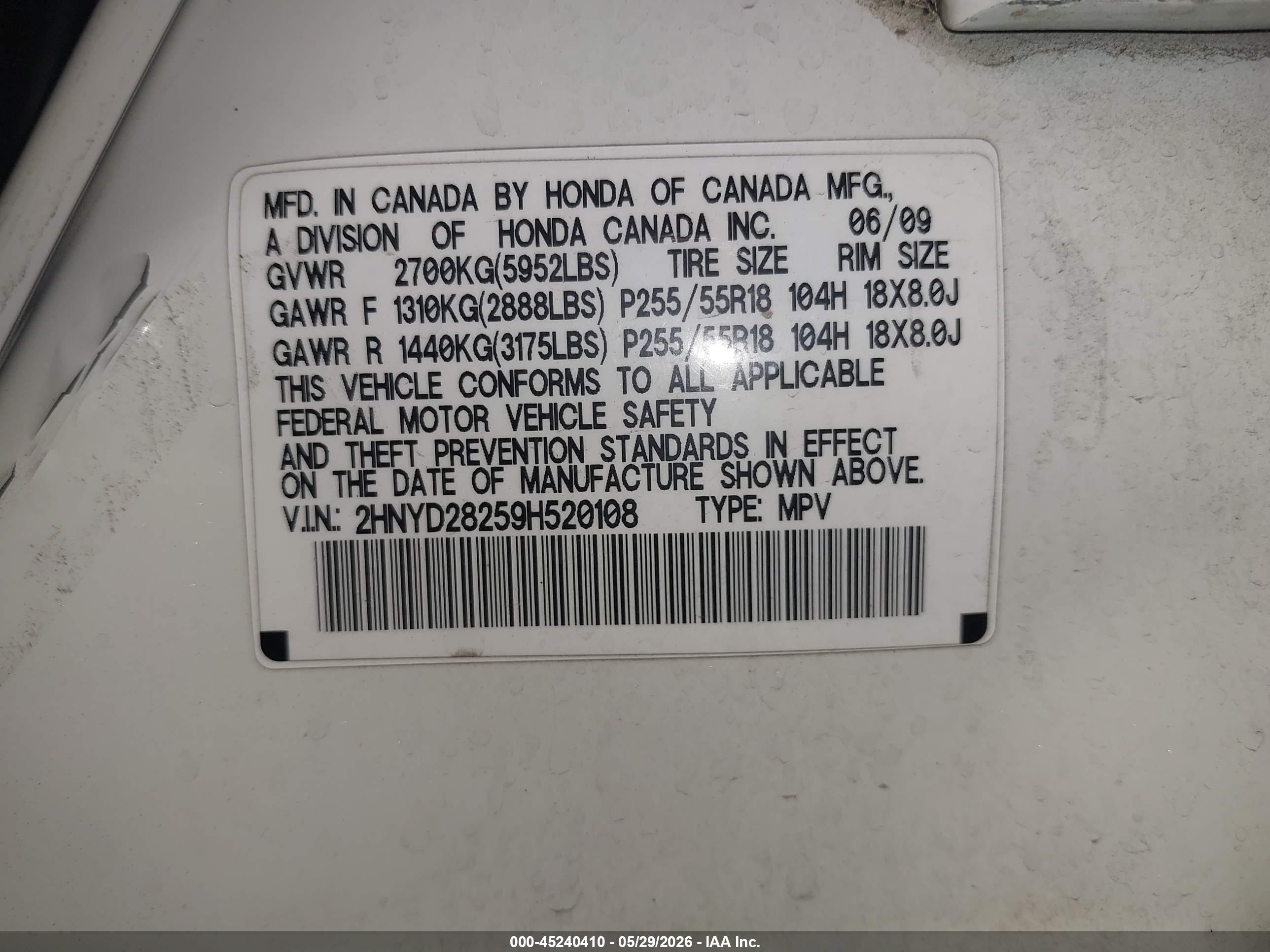 2009 Acura Mdx   White vin: 2HNYD28259H520108