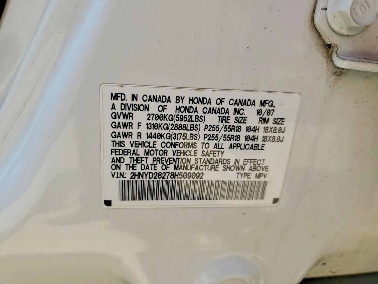 2008 Acura Mdx White vin: 2HNYD28278H509092