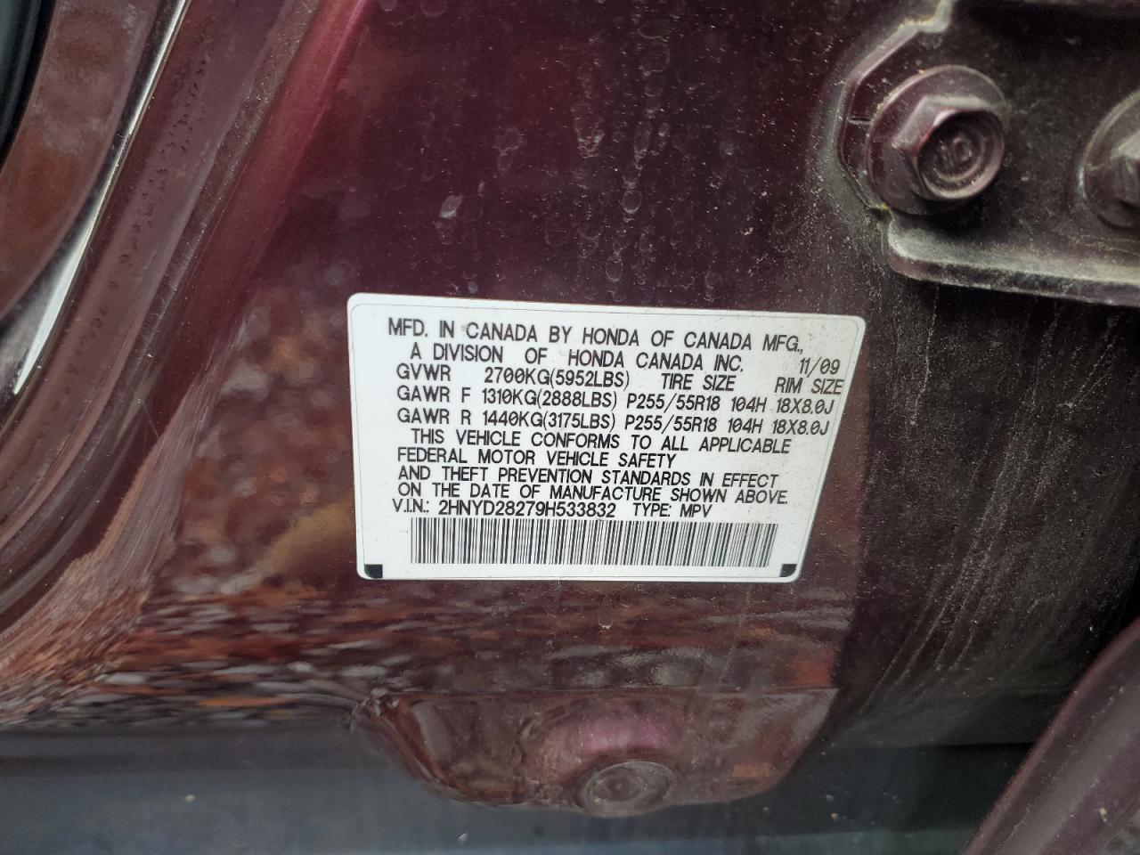 2009 Acura Mdx Burgundy vin: 2HNYD28279H533832
