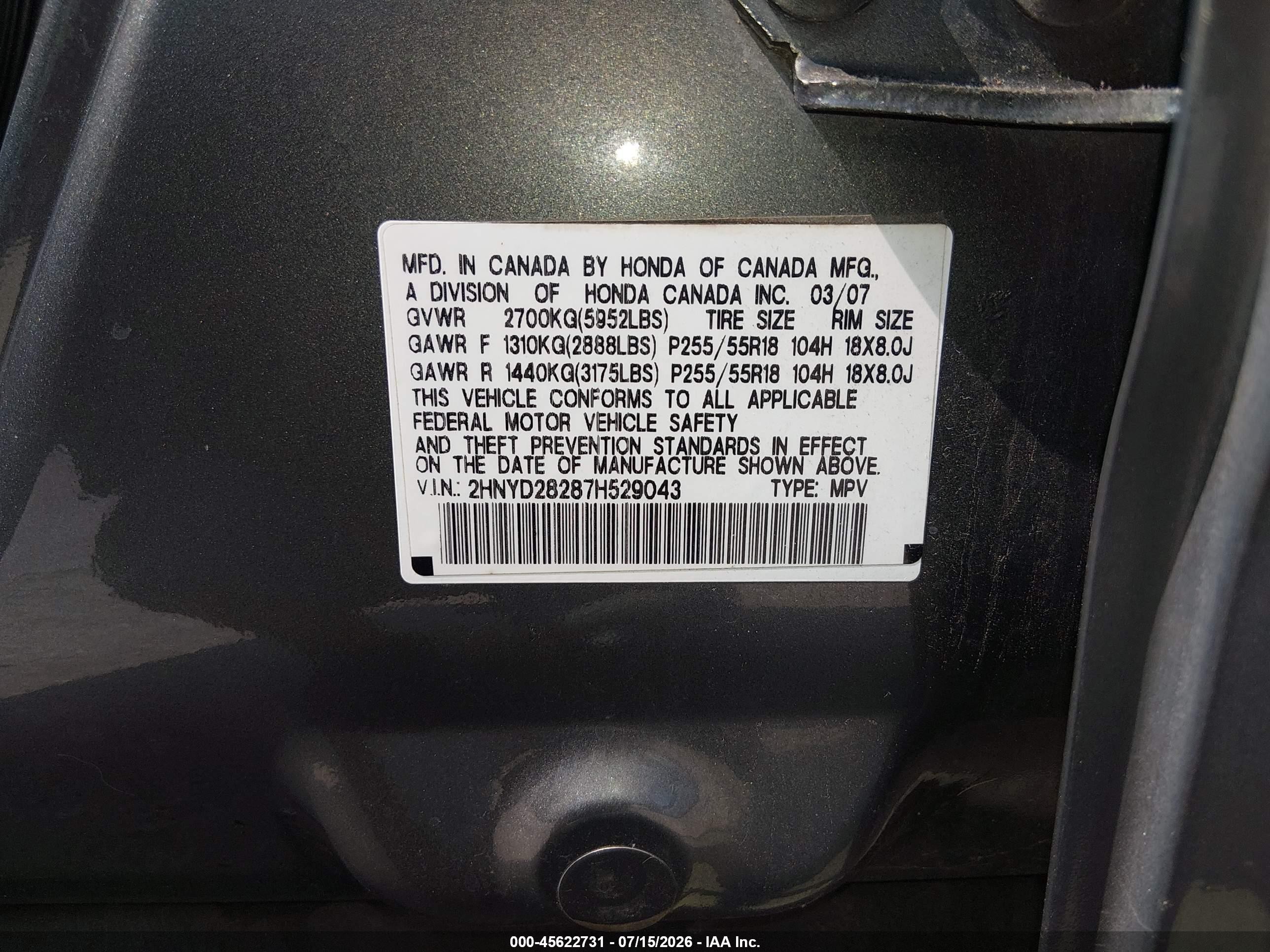 2007 Acura Mdx   Gray vin: 2HNYD28287H529043