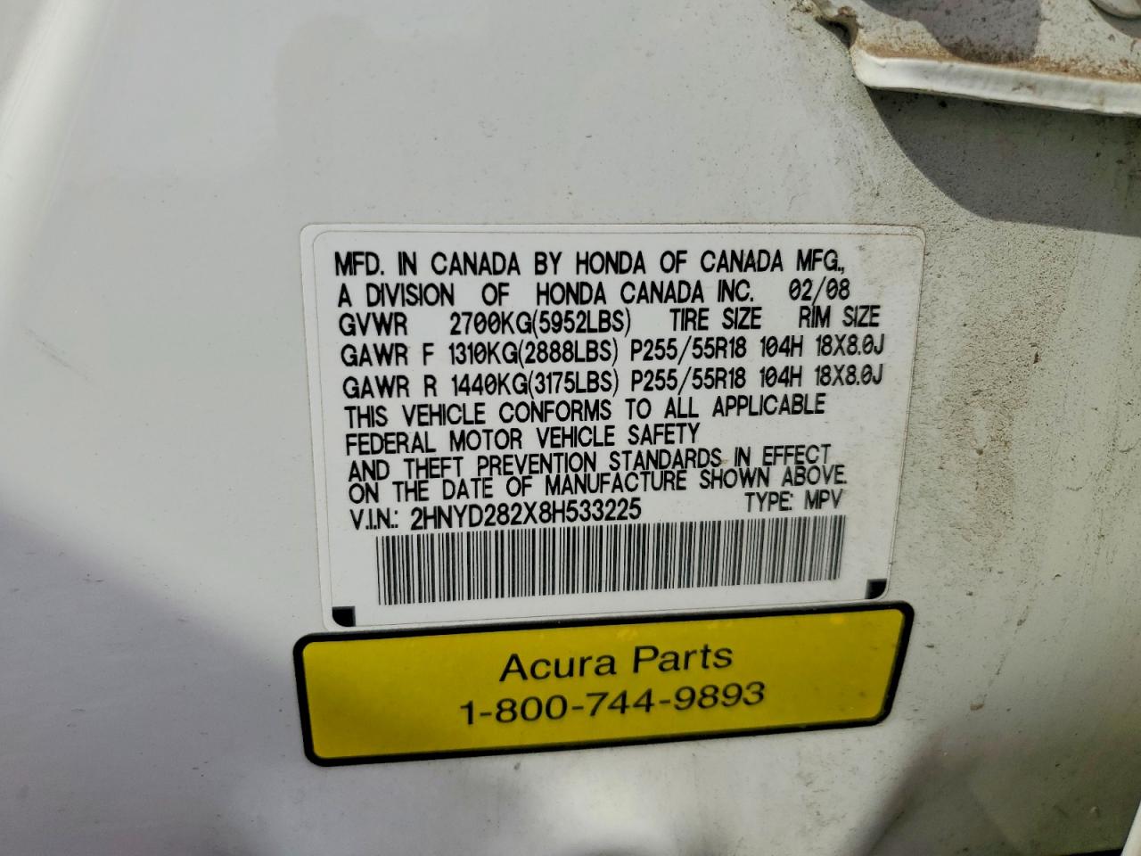 2008 Acura Mdx White vin: 2HNYD282X8H533225