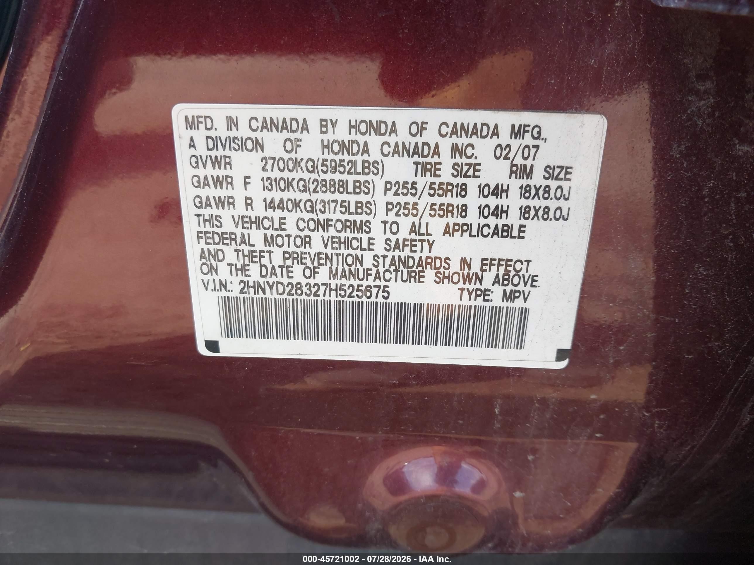 2007 Acura Mdx Technology Package Maroon vin: 2HNYD28327H525675