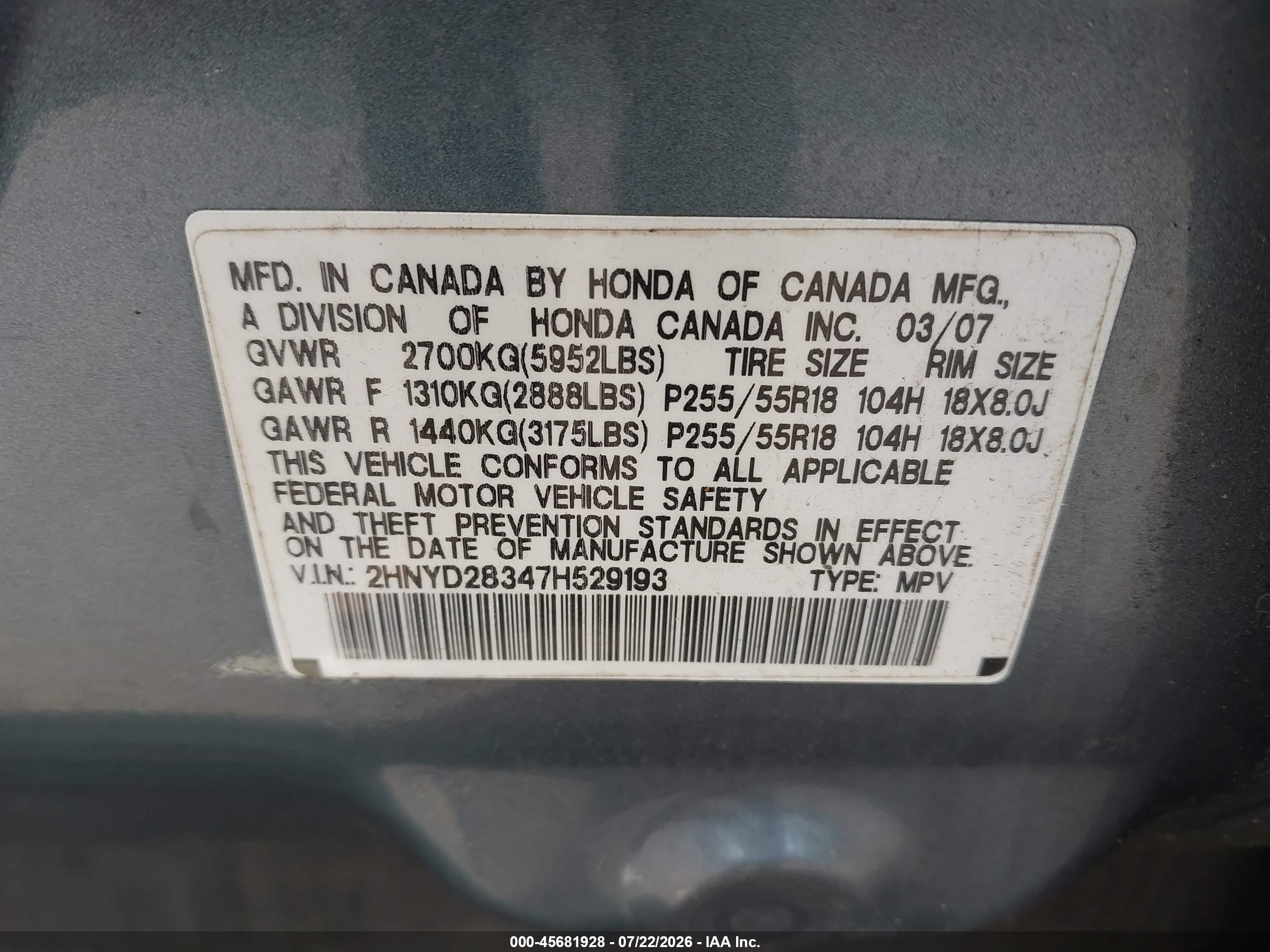 2007 Acura Mdx Technology Package Blue vin: 2HNYD28347H529193