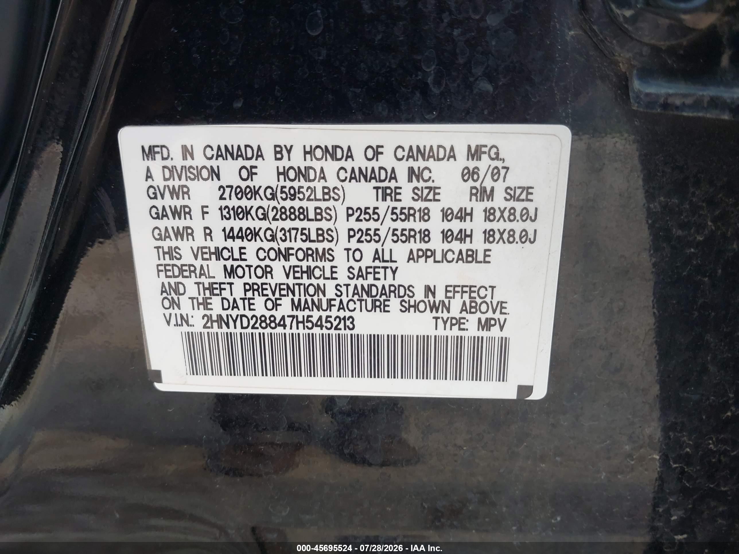2007 Acura Mdx Sport Package Black vin: 2HNYD28847H545213