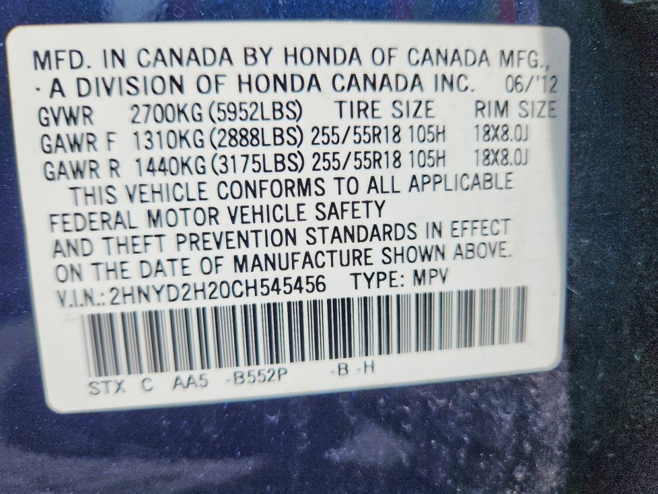2012 Acura Mdx Blue vin: 2HNYD2H20CH545456