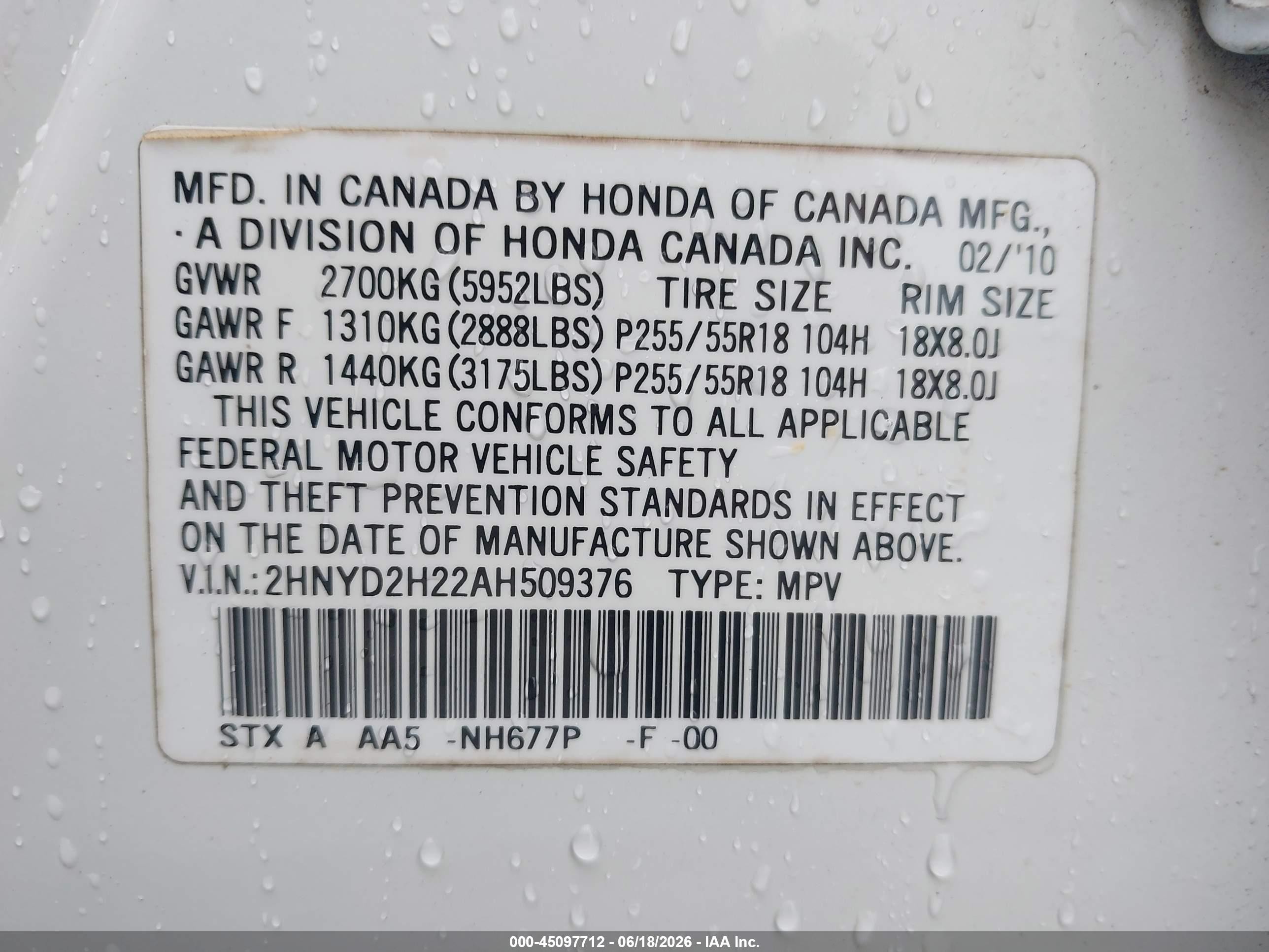 2010 Acura Mdx   White vin: 2HNYD2H22AH509376