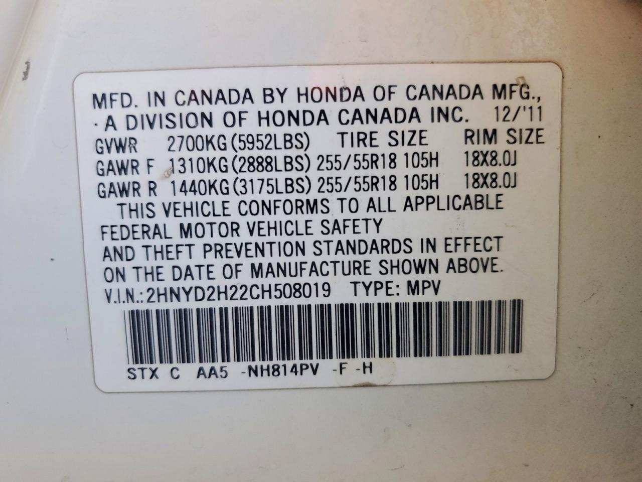2012 Acura Mdx White vin: 2HNYD2H22CH508019