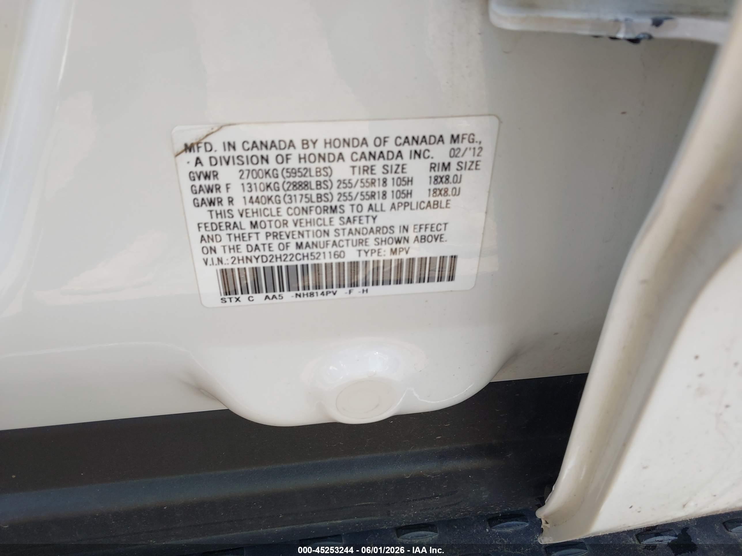 2012 Acura Mdx   White vin: 2HNYD2H22CH521160