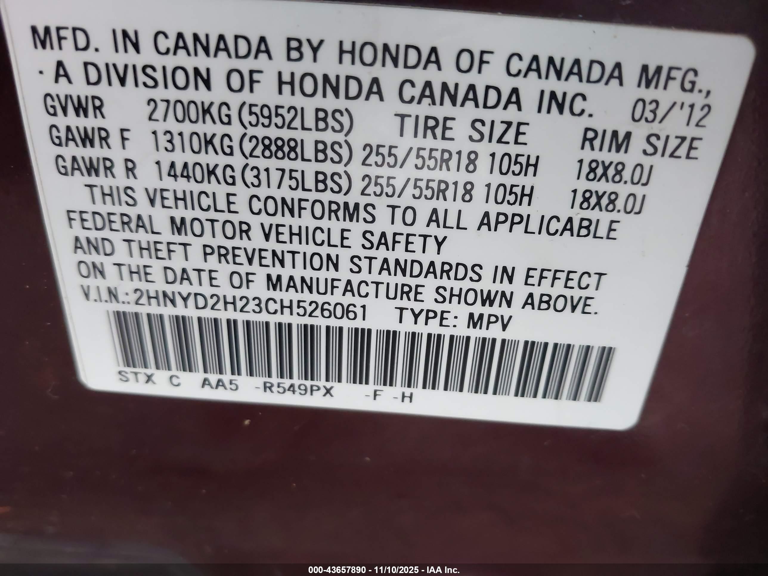 2012 Acura Mdx   Maroon vin: 2HNYD2H23CH526061