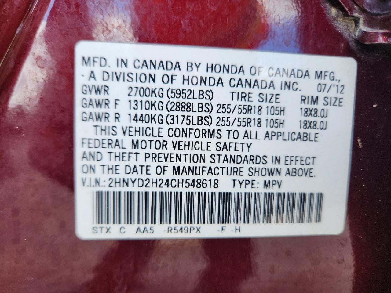 2012 Acura Mdx Burgundy vin: 2HNYD2H24CH548618