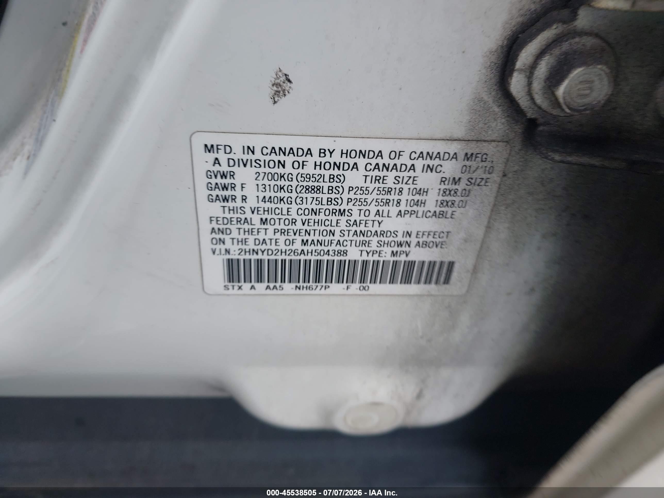 2010 Acura Mdx   White vin: 2HNYD2H26AH504388