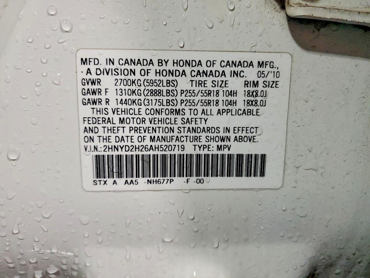 2010 Acura Mdx White vin: 2HNYD2H26AH520719