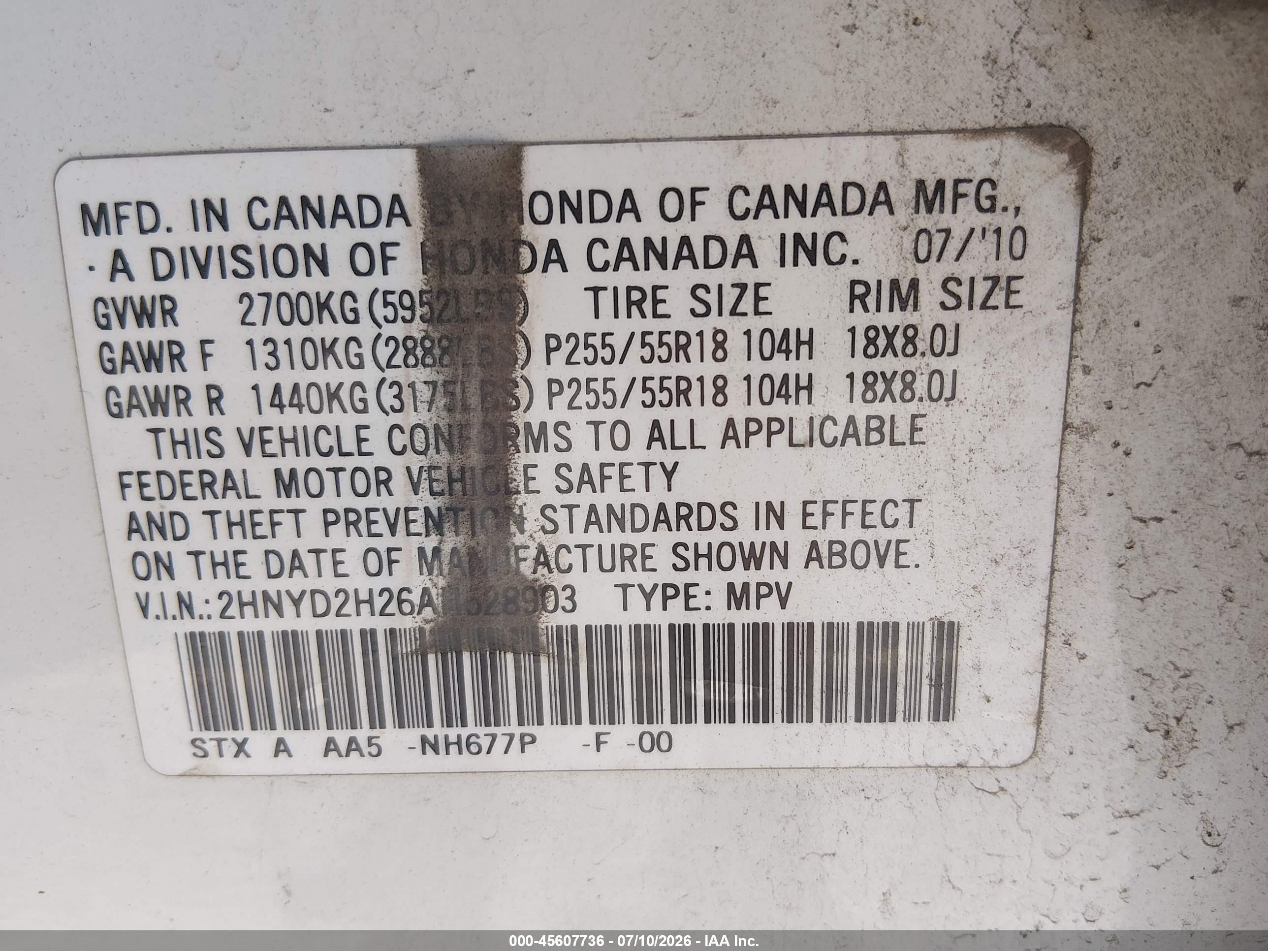 2010 Acura Mdx   White vin: 2HNYD2H26AH528903