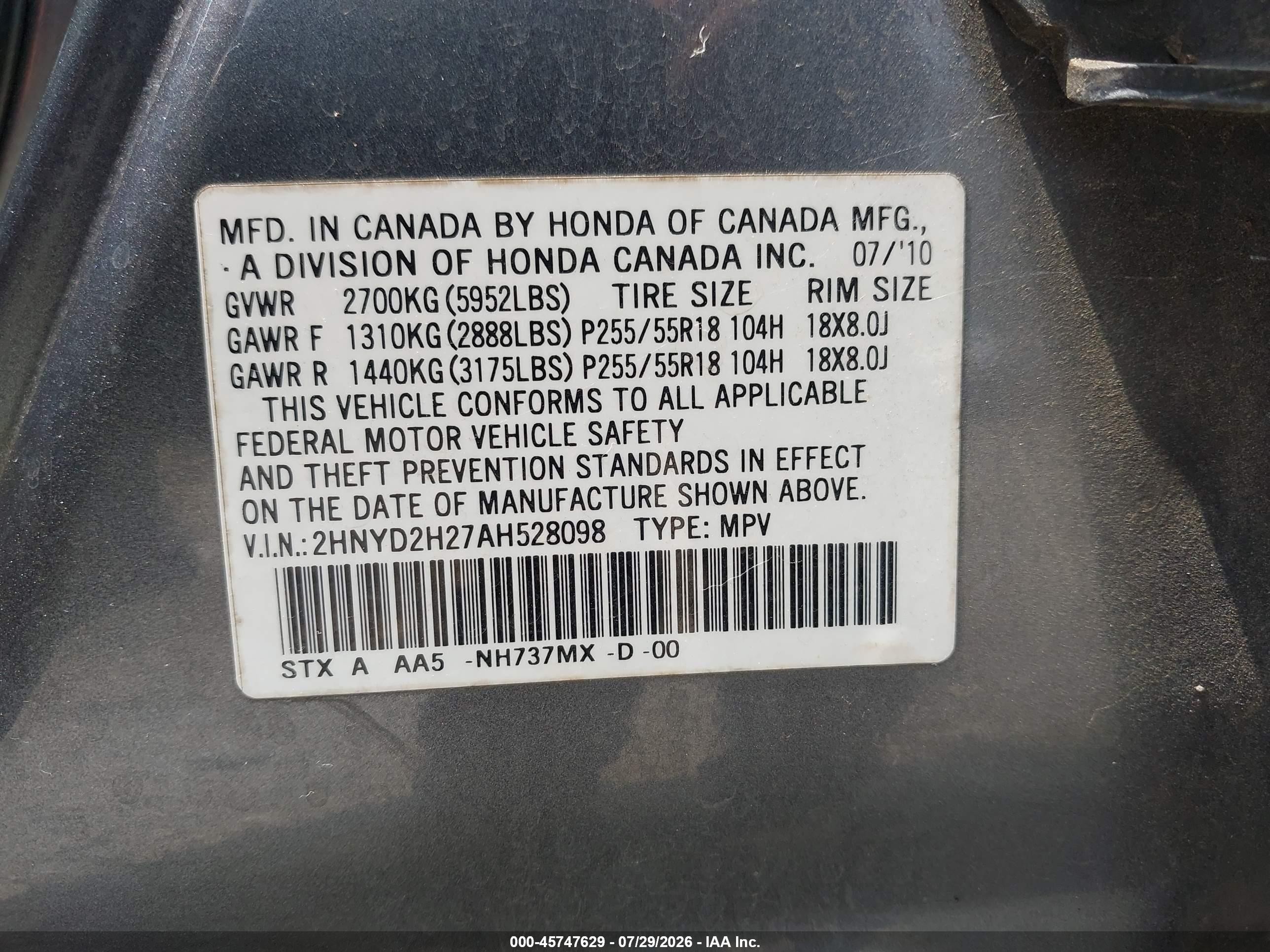 2010 Acura Mdx   Black vin: 2HNYD2H27AH528098