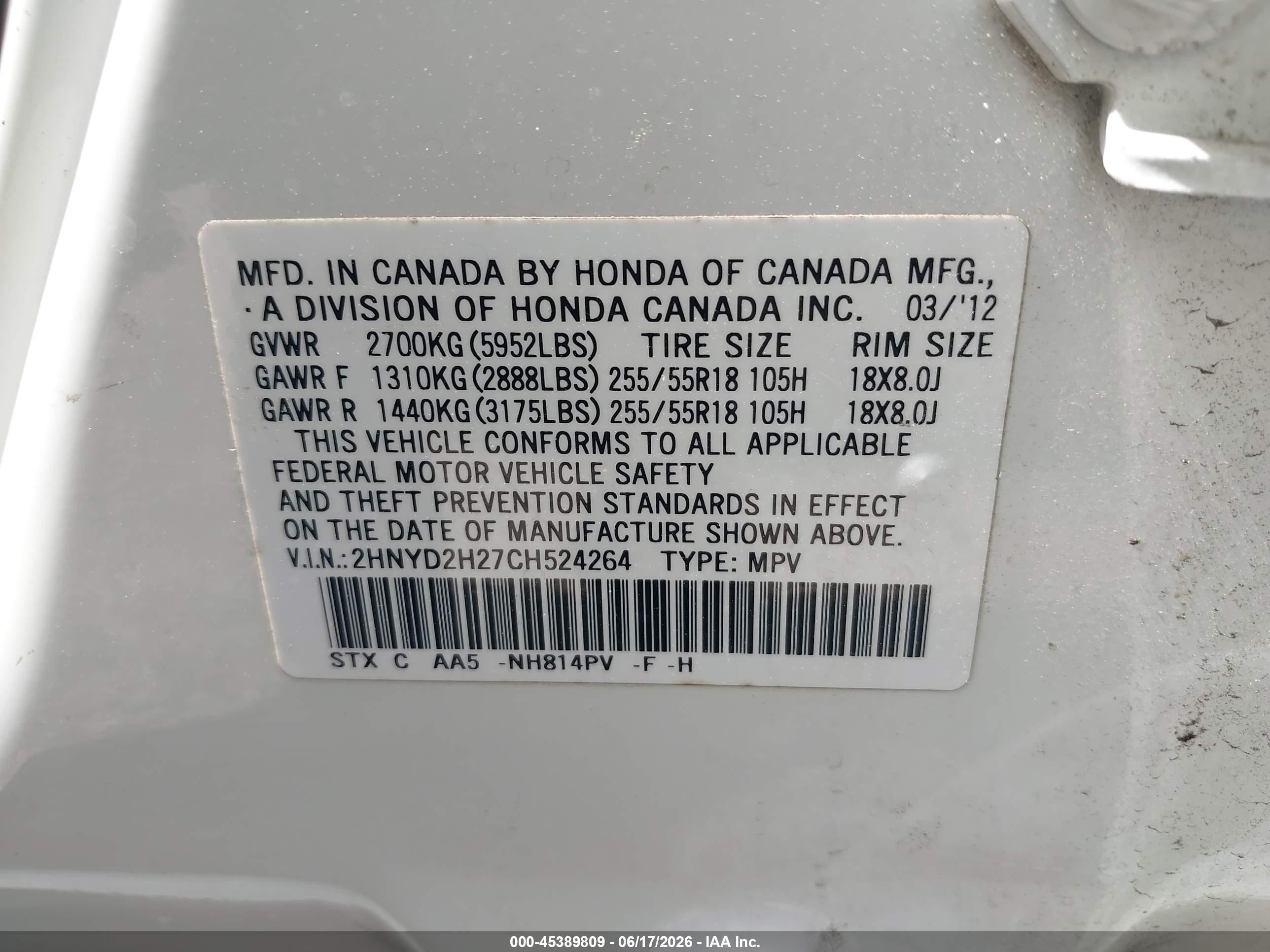 2012 Acura Mdx   White vin: 2HNYD2H27CH524264