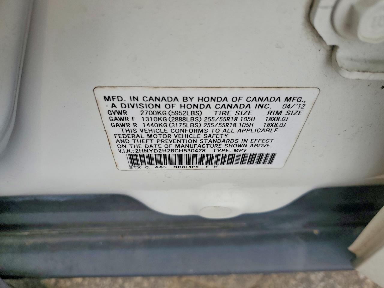 2012 Acura Mdx White vin: 2HNYD2H28CH530428