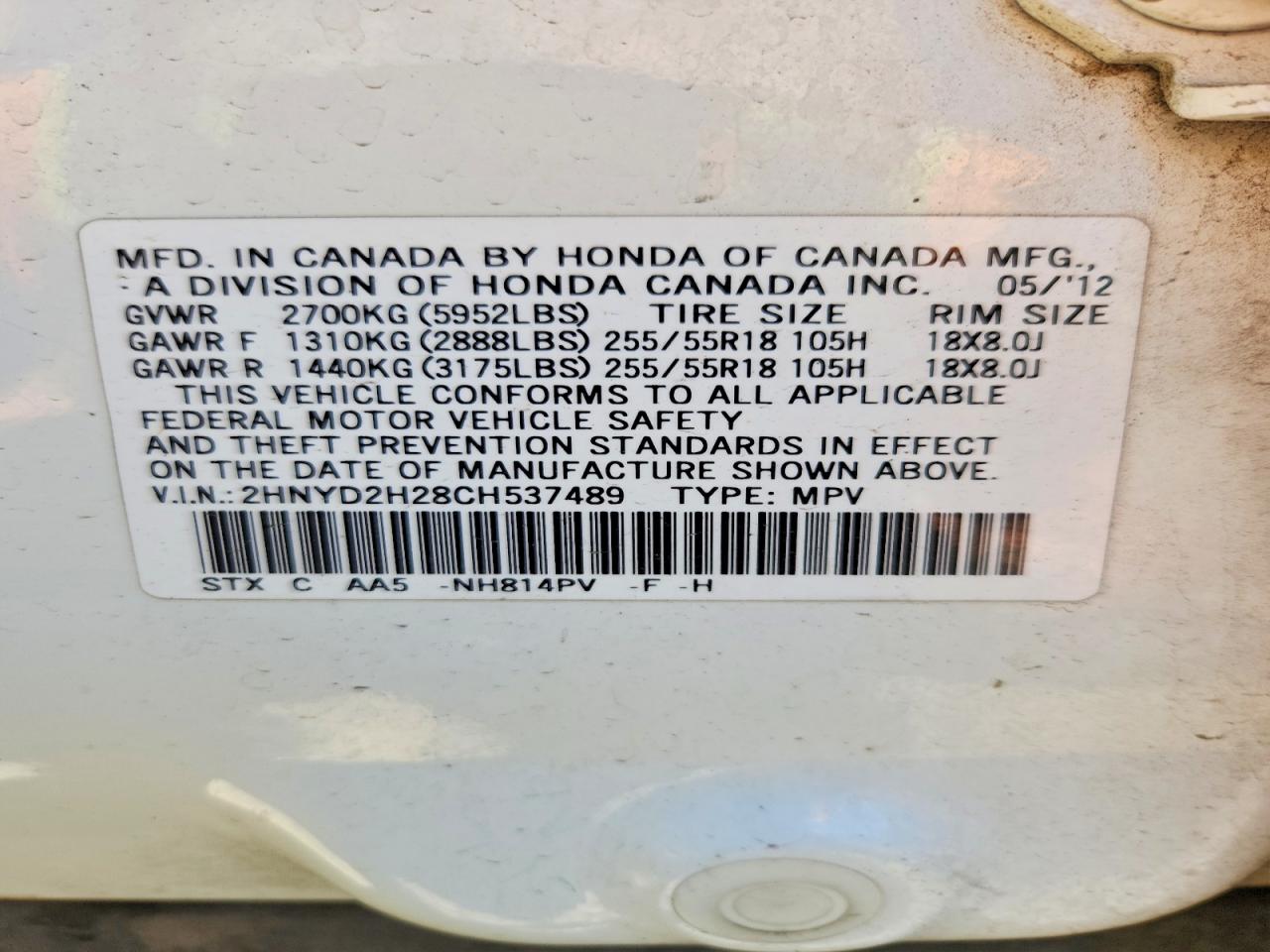 2012 Acura Mdx White vin: 2HNYD2H28CH537489