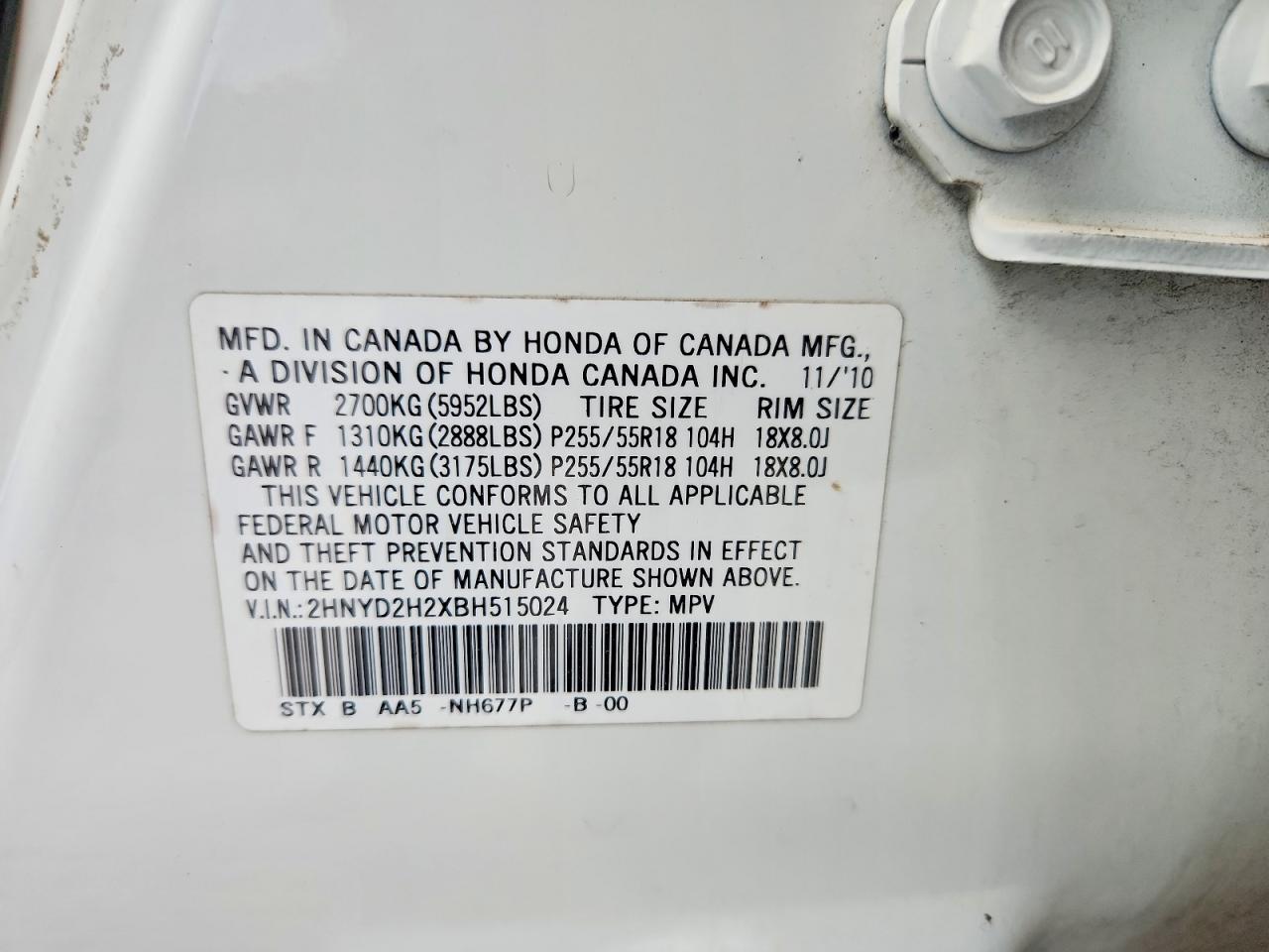 2011 Acura Mdx White vin: 2HNYD2H2XBH515024