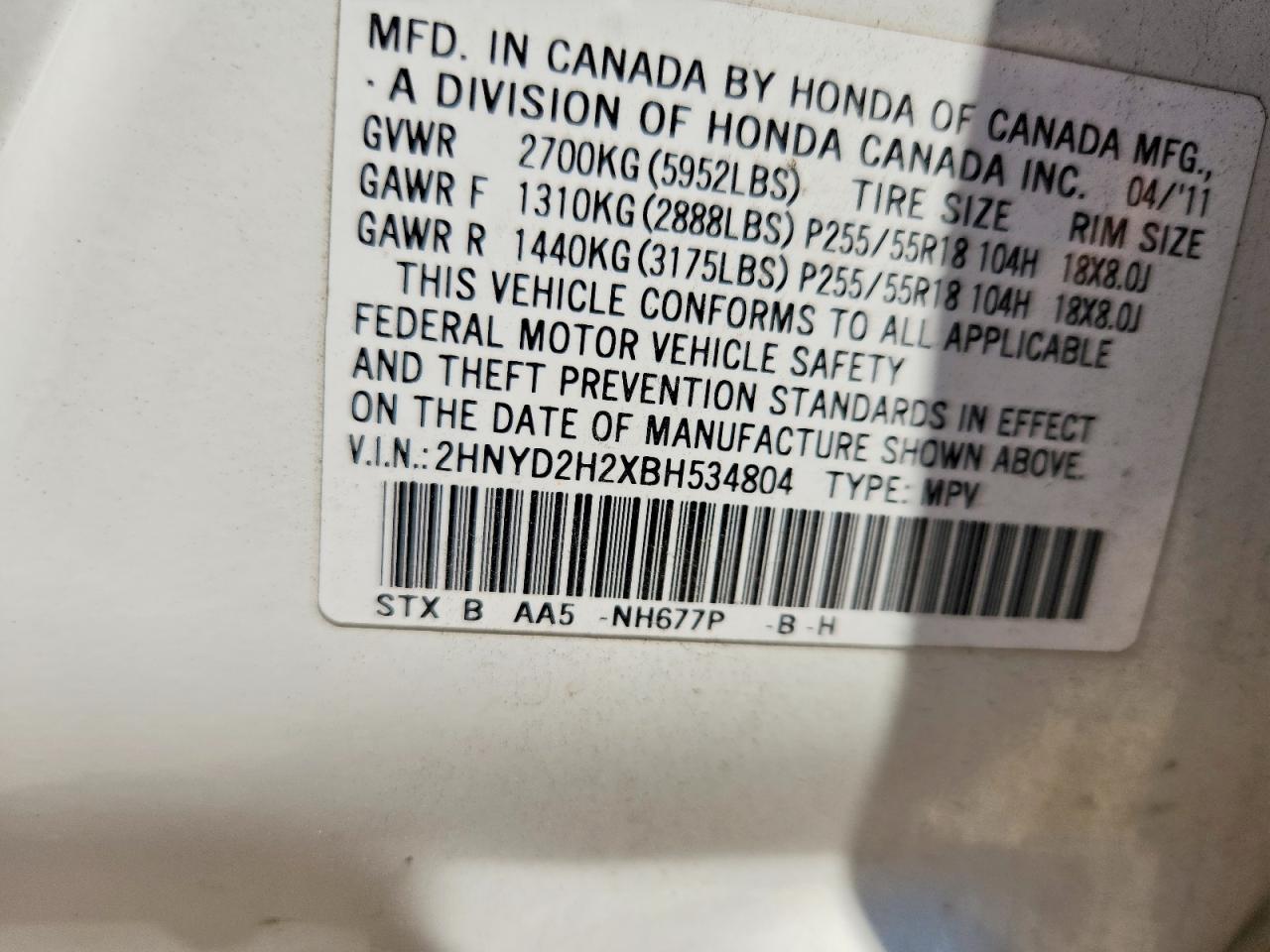 2011 Acura Mdx White vin: 2HNYD2H2XBH534804