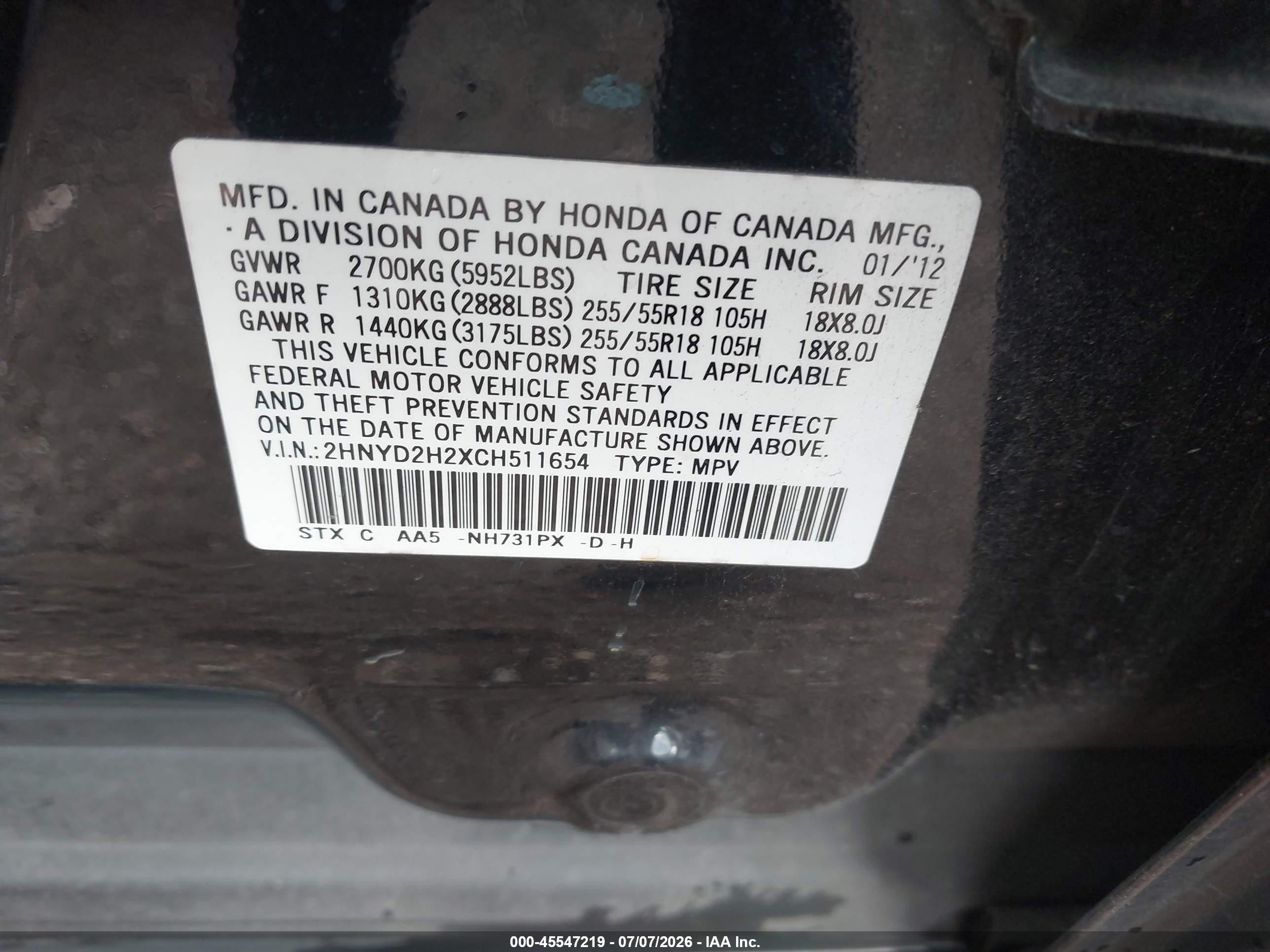 2012 Acura Mdx   Black vin: 2HNYD2H2XCH511654