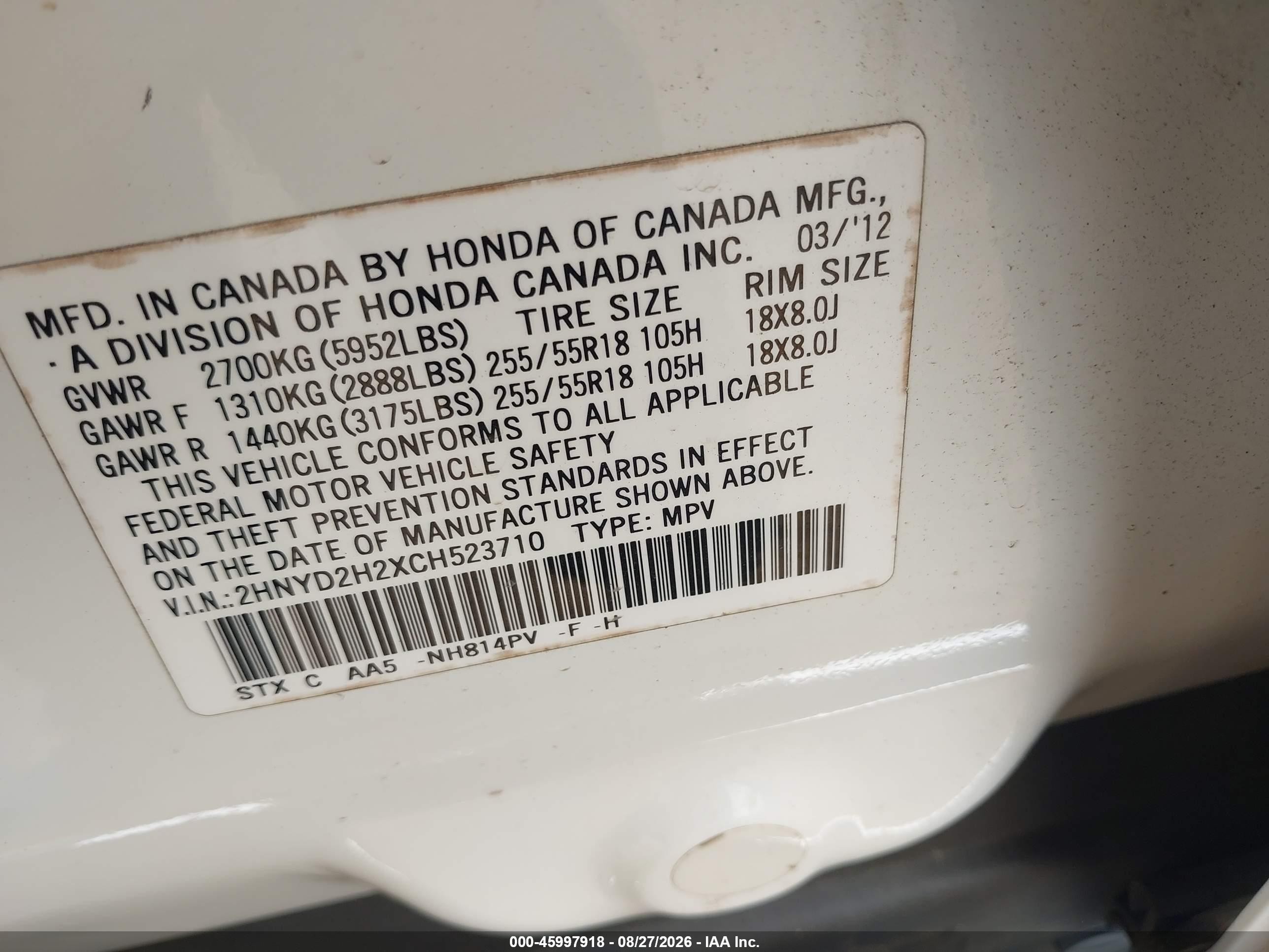 2012 Acura Mdx   White vin: 2HNYD2H2XCH523710